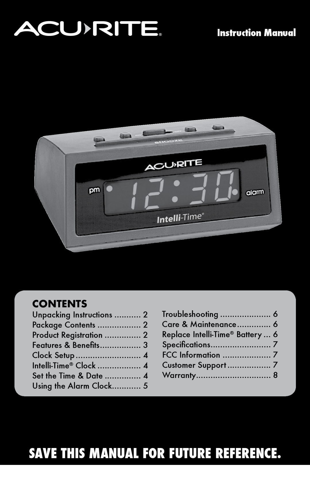 Acu-Rite 13002 instruction manual Contents, model 13001, Instruction Manual, Intelli-Time Alarm Clock 