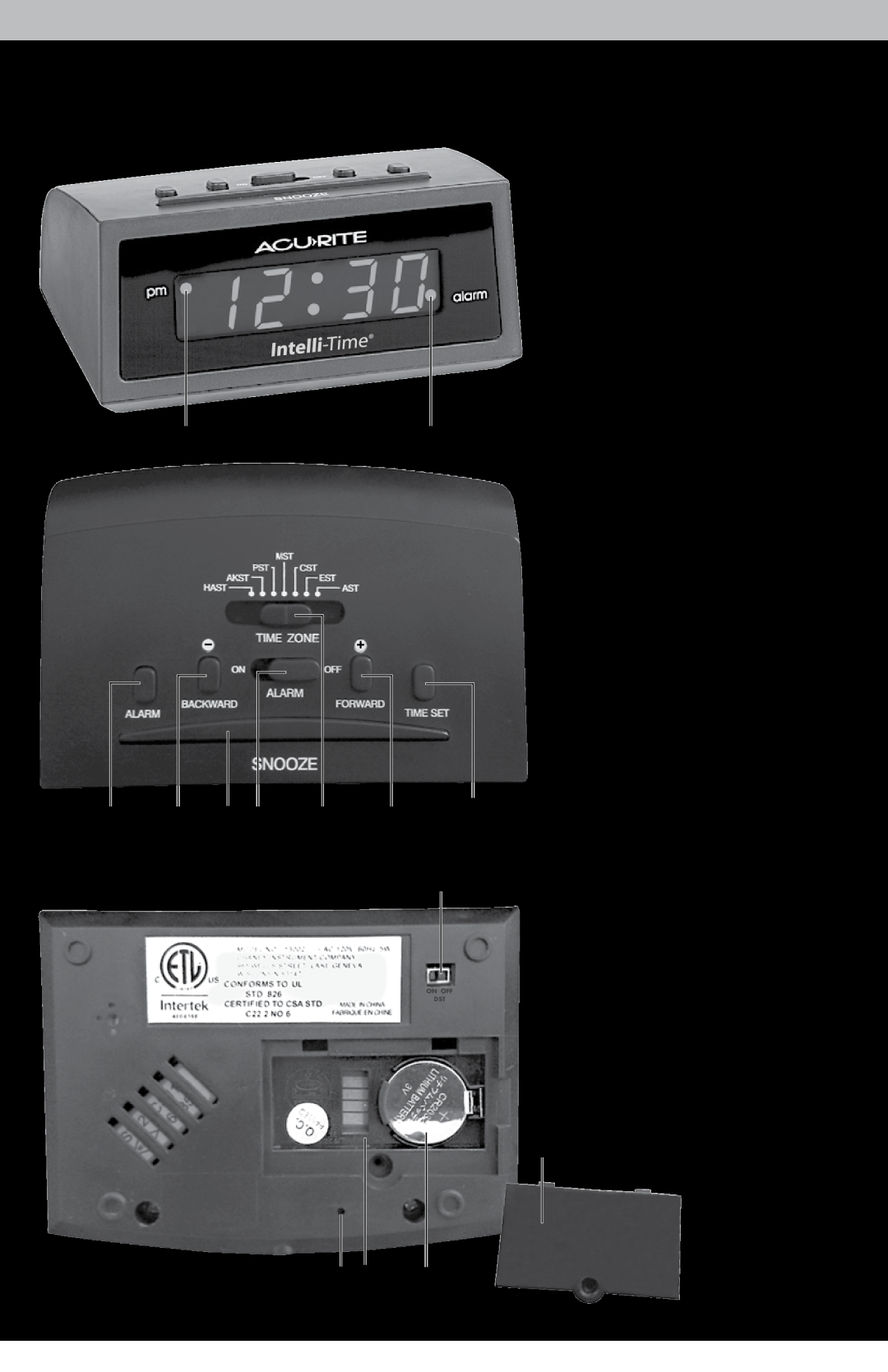 Acu-Rite 13001 Features & Benefits, Front Of Clock, Top Of Clock, Bottom Of Clock, PM Indicator 2. ALARM ON Indicator 