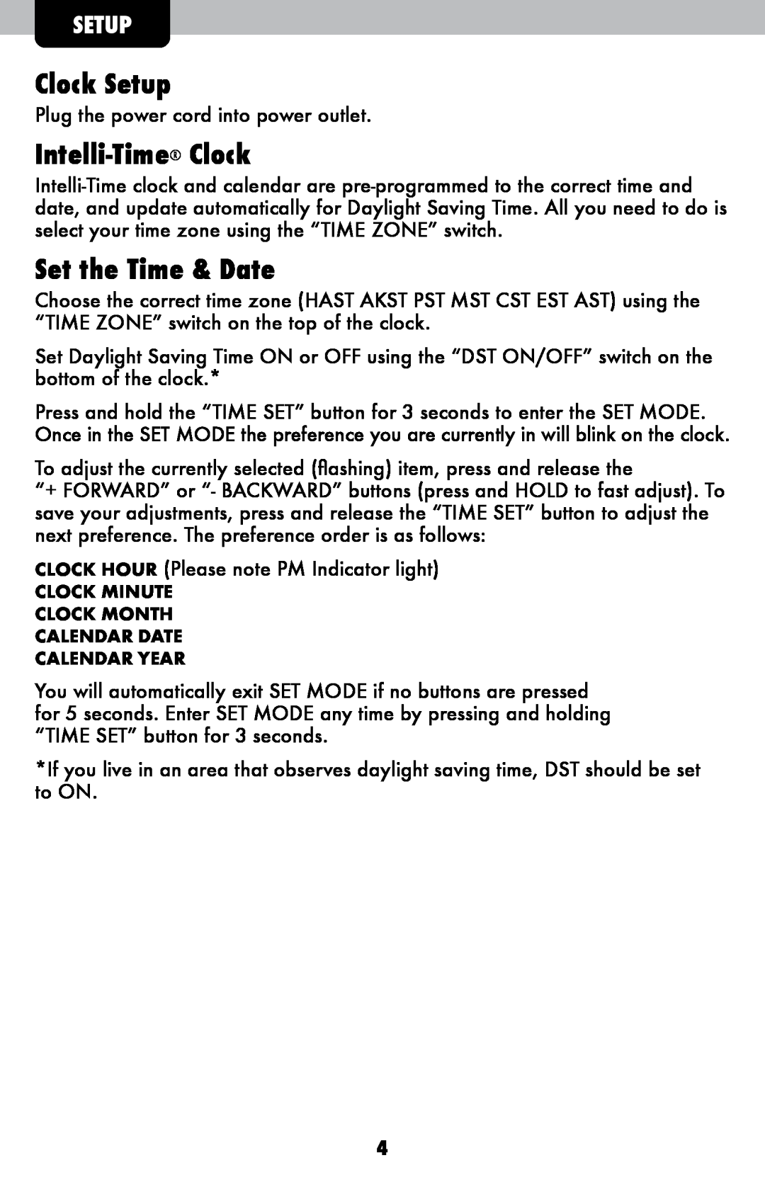 Acu-Rite 13002 Clock Setup, Intelli-Time Clock, Set the Time & Date, Clock Minute Clock Month Calendar Date Calendar Year 