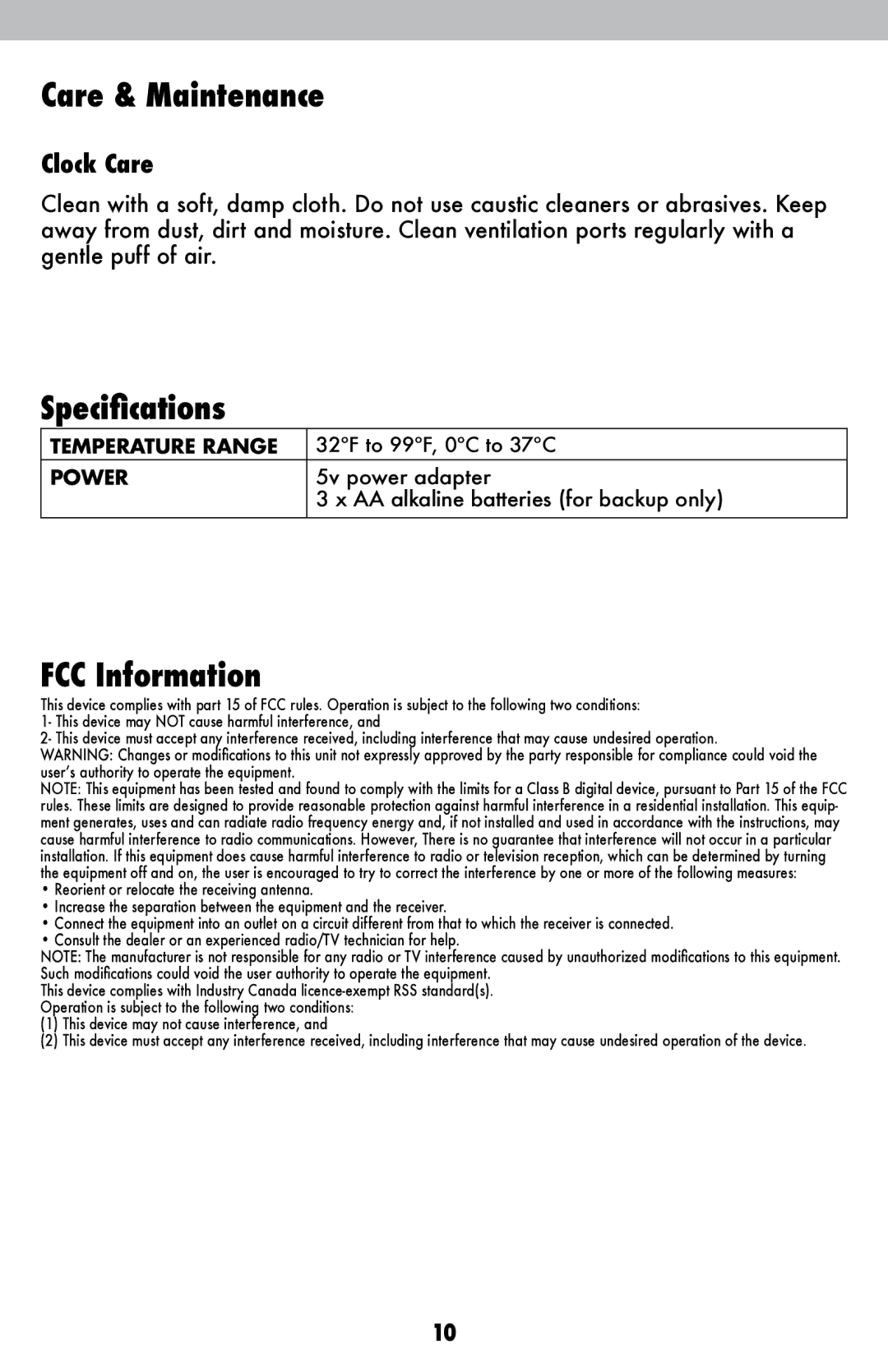 Acu-Rite 13024 instruction manual Care & Maintenance, Specifications, FCC Information, Clock Care 