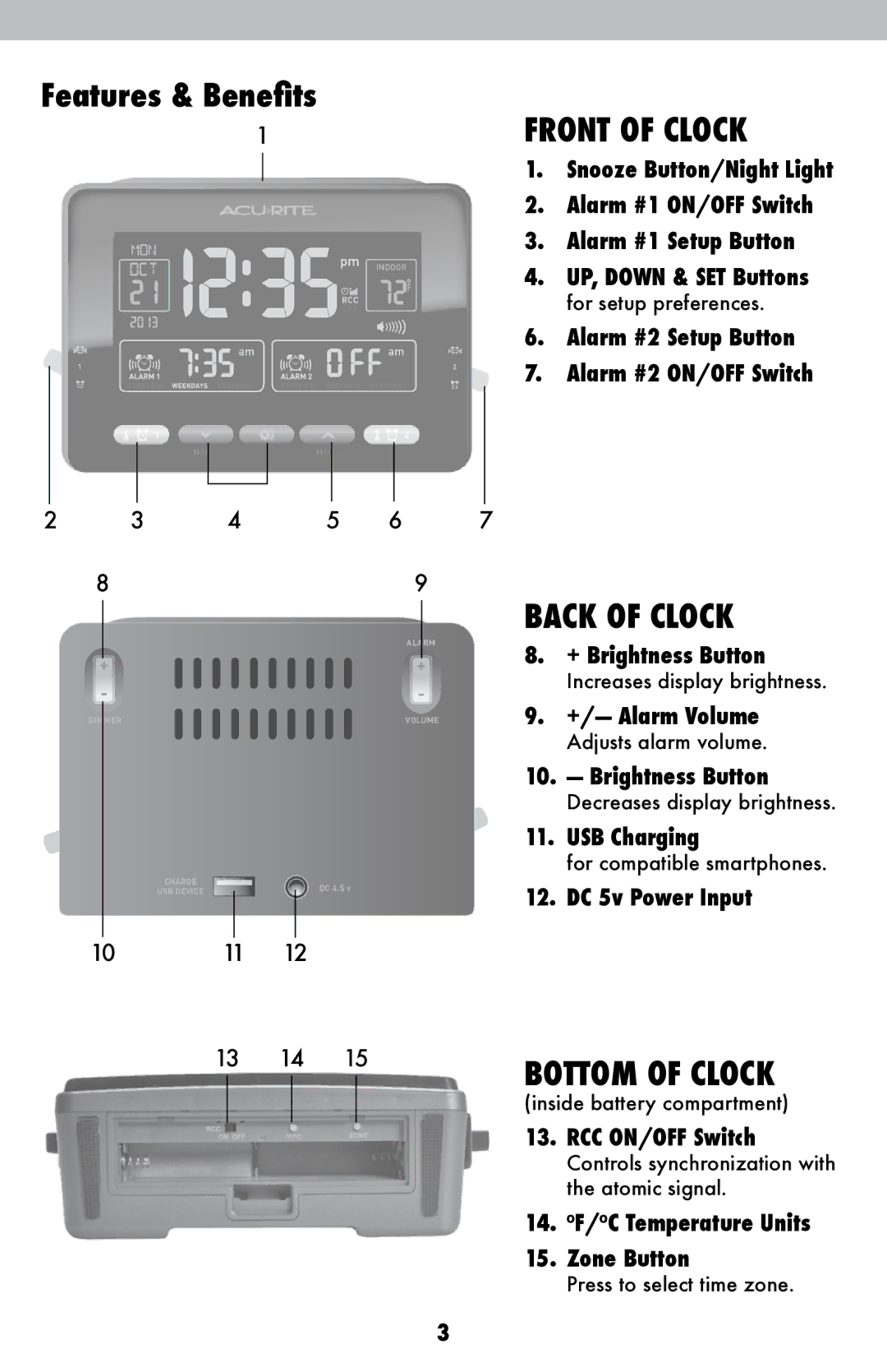 Acu-Rite 13024 instruction manual Features & Benefits, Front of Clock 