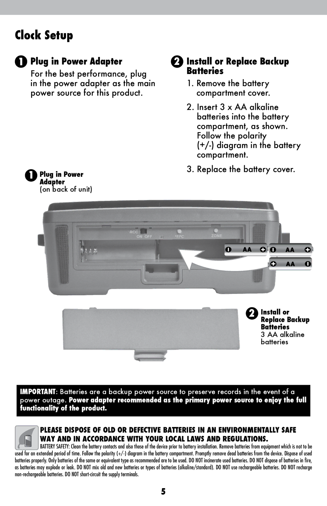 Acu-Rite 13024 instruction manual Clock Setup, Plug in Power Adapter, Install or Replace Backup Batteries 