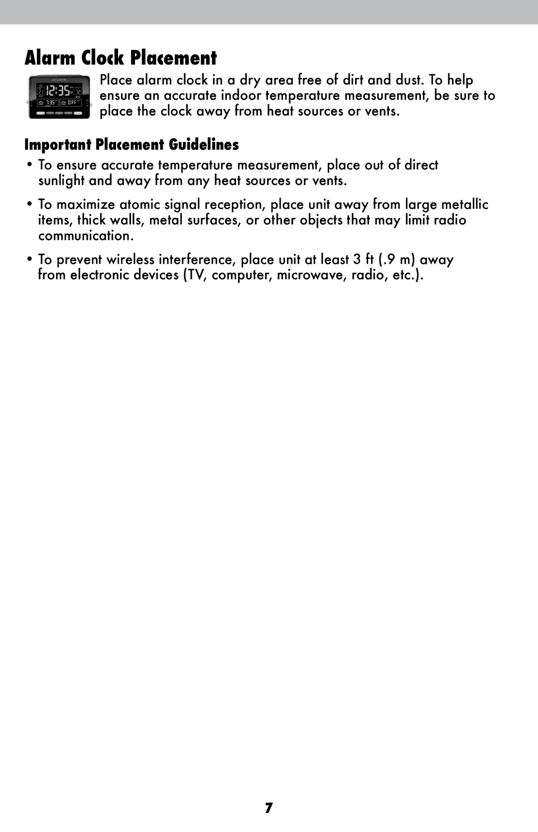 Acu-Rite 13024 instruction manual Alarm Clock Placement, Important Placement Guidelines 