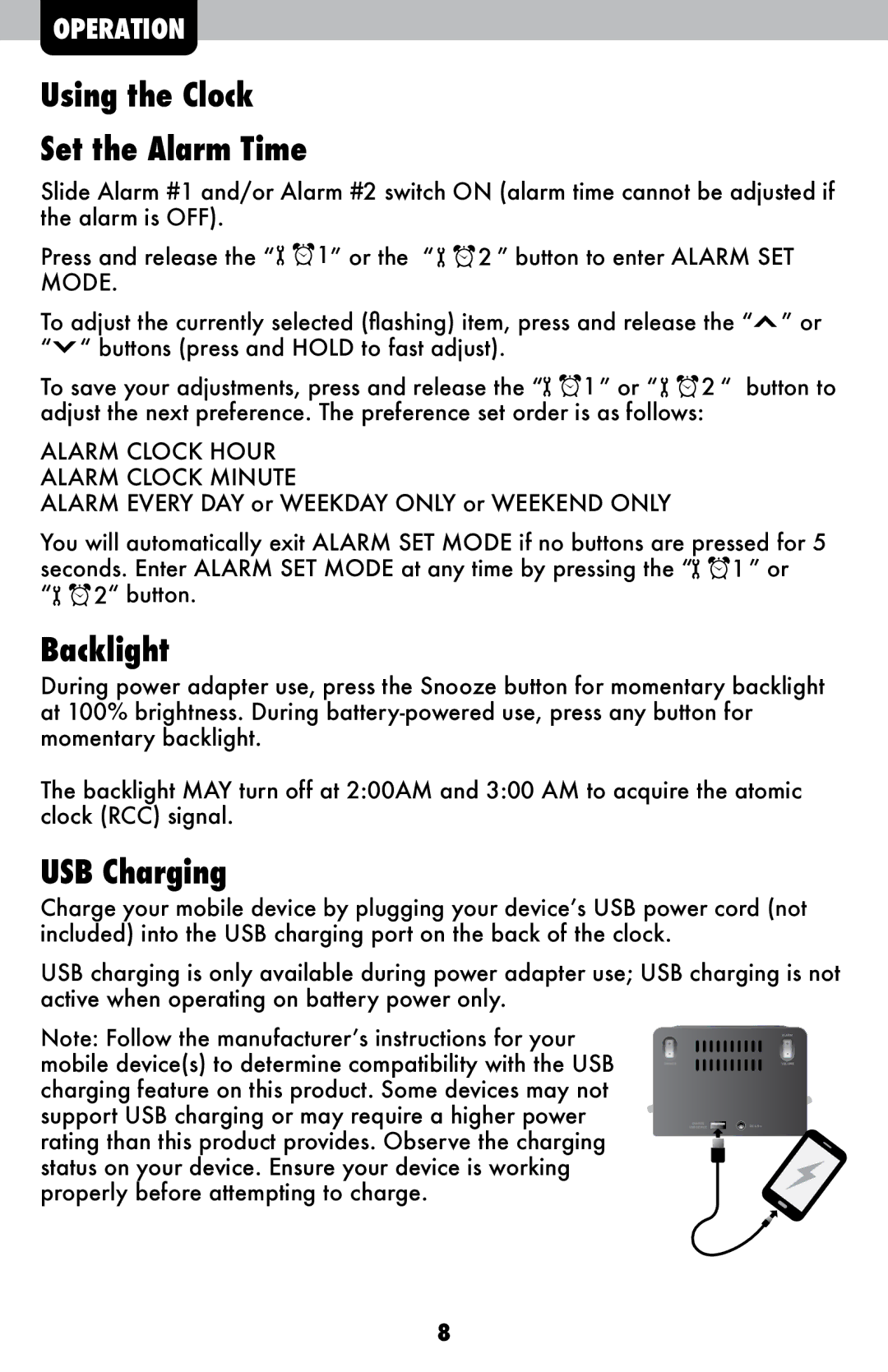 Acu-Rite 13024 instruction manual Using the Clock Set the Alarm Time, Backlight, USB Charging 