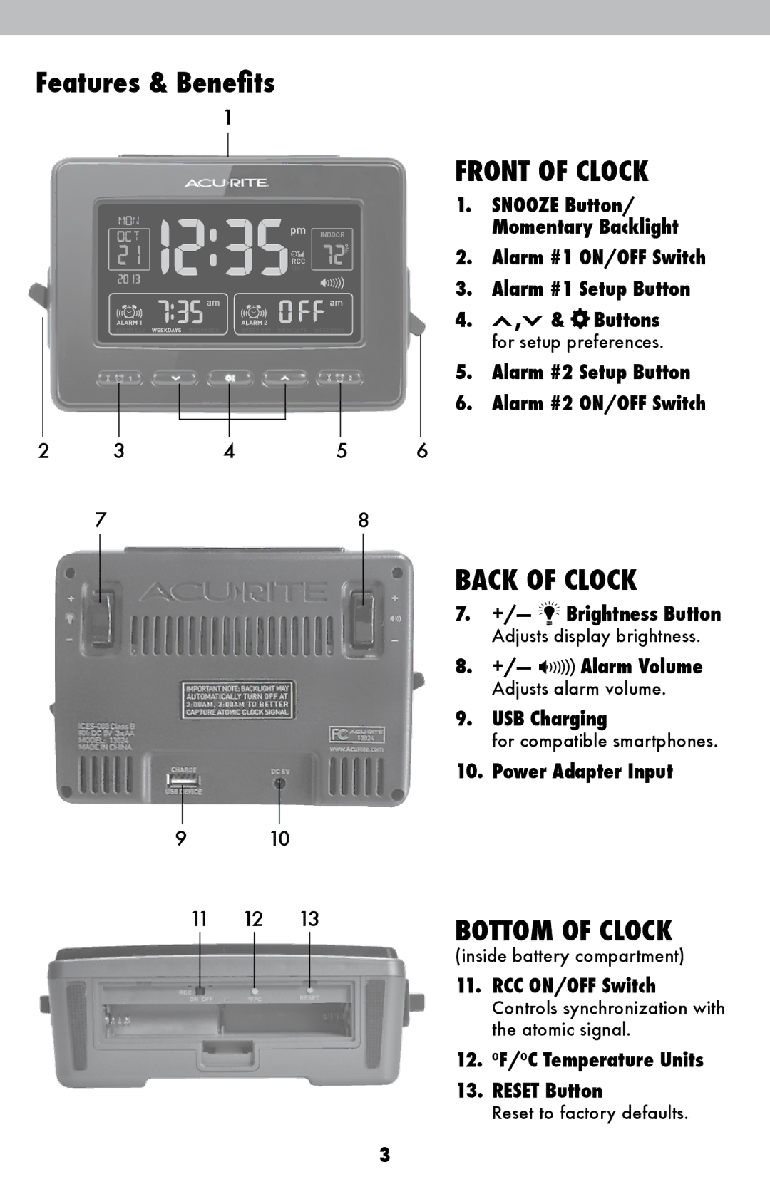 Acu-Rite 13024A1 instruction manual Features & Benefits, Front of Clock 