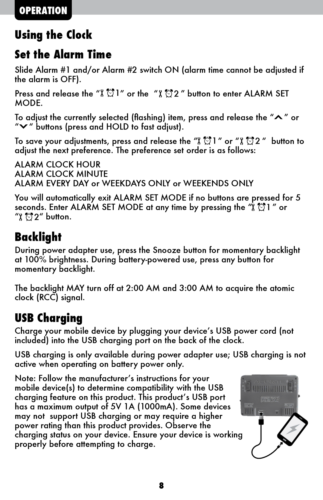 Acu-Rite 13024A1 instruction manual Using the Clock Set the Alarm Time, Backlight, USB Charging 