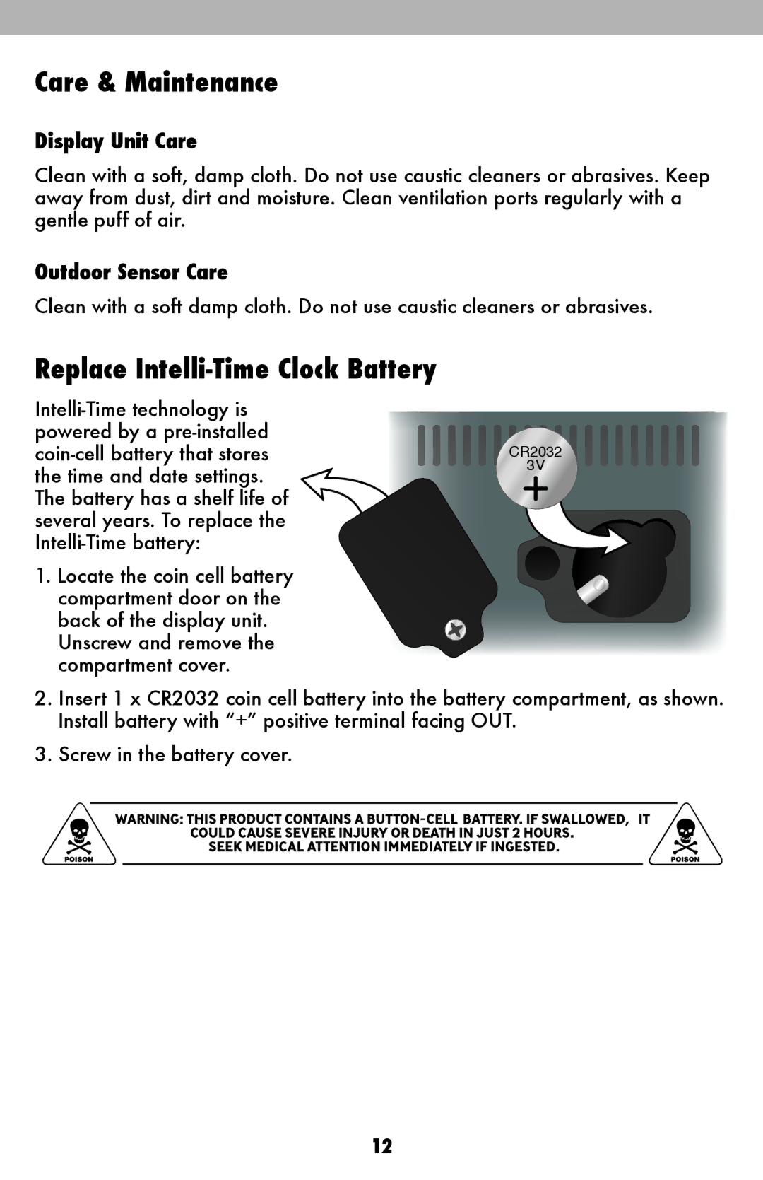 Acu-Rite 13026, 13020 instruction manual Care & Maintenance, Replace Intelli-Time Clock Battery 