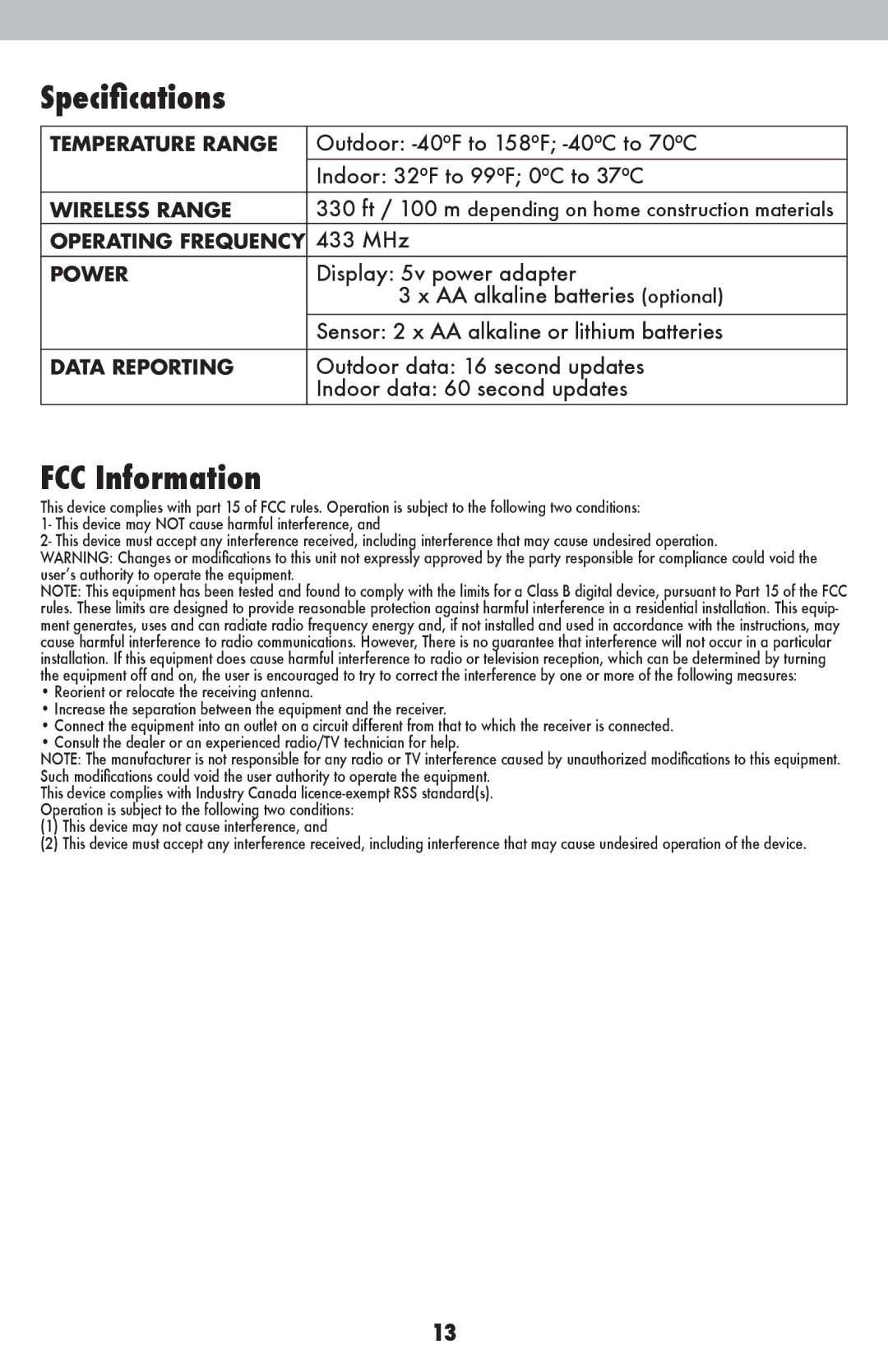 Acu-Rite 13020, 13026 instruction manual Specifications, FCC Information 