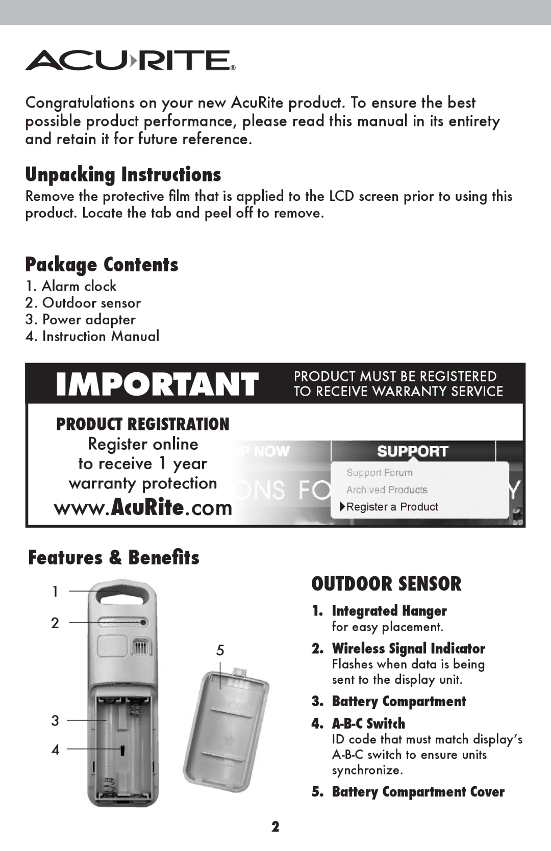 Acu-Rite 13026, 13020 instruction manual Unpacking Instructions, Package Contents 