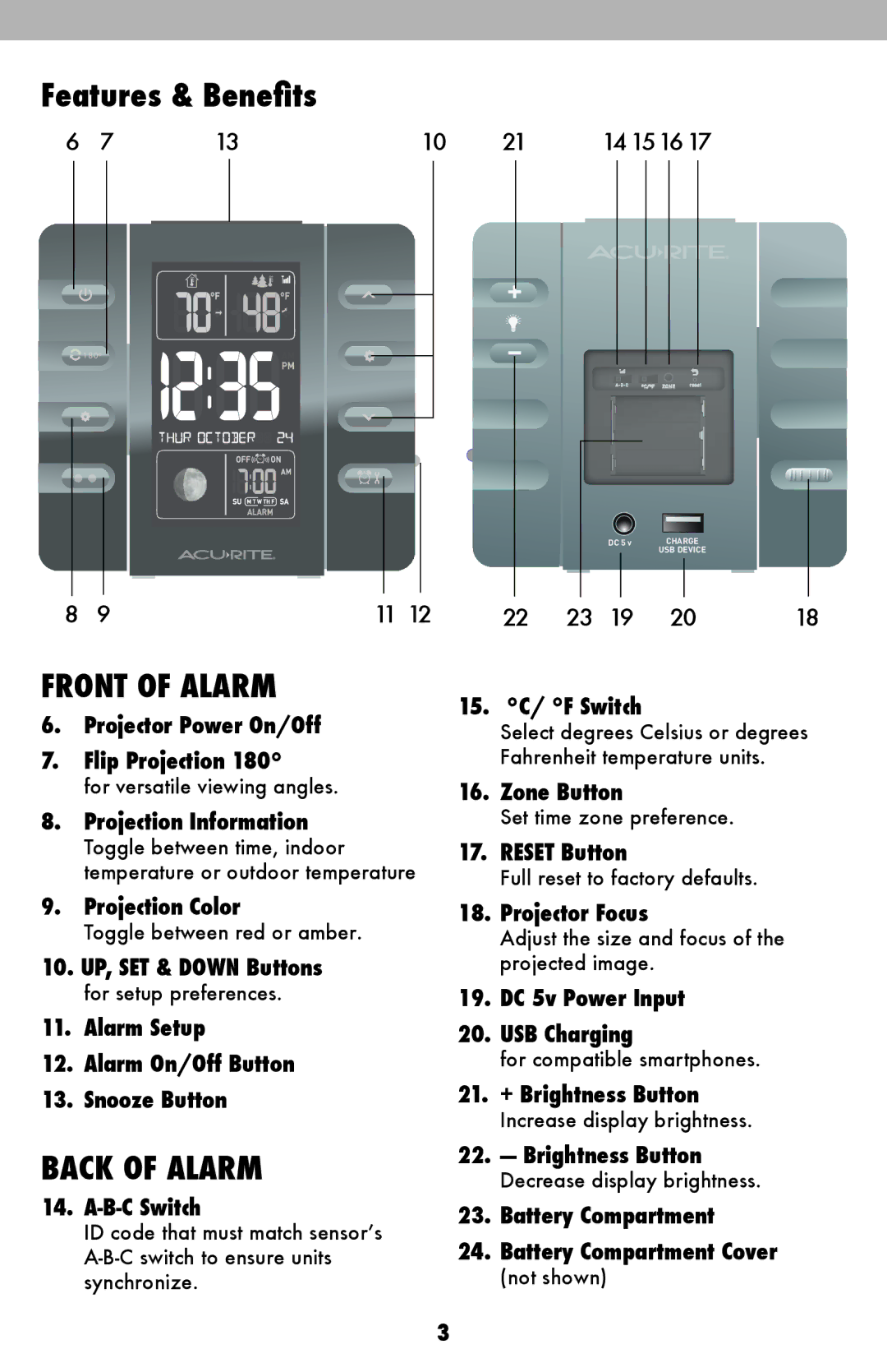 Acu-Rite 13020, 13026 instruction manual Features & Benefits, Front of Alarm 