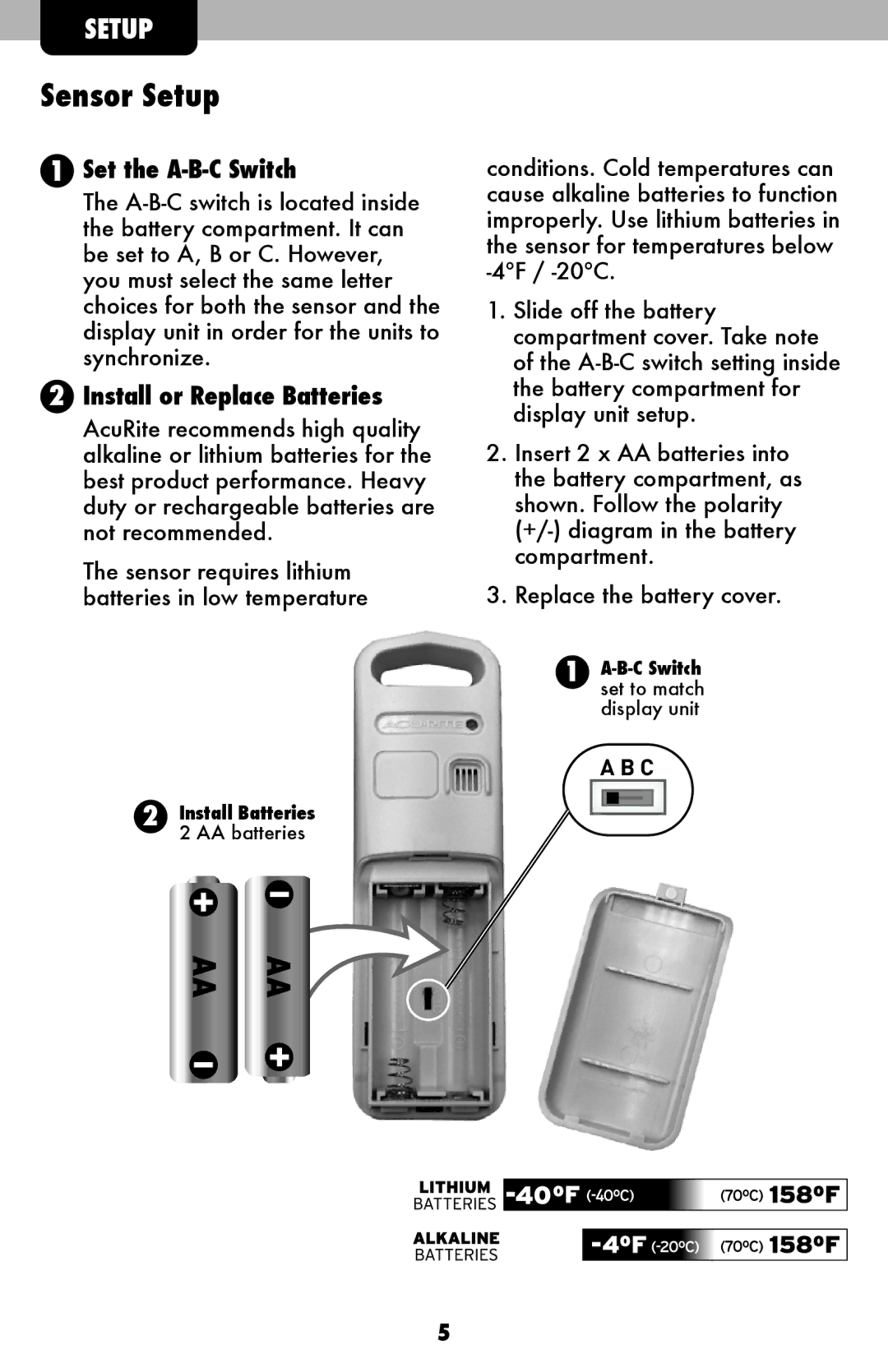 Acu-Rite 13020, 13026 instruction manual Sensor Setup, Set the A-B-C Switch 