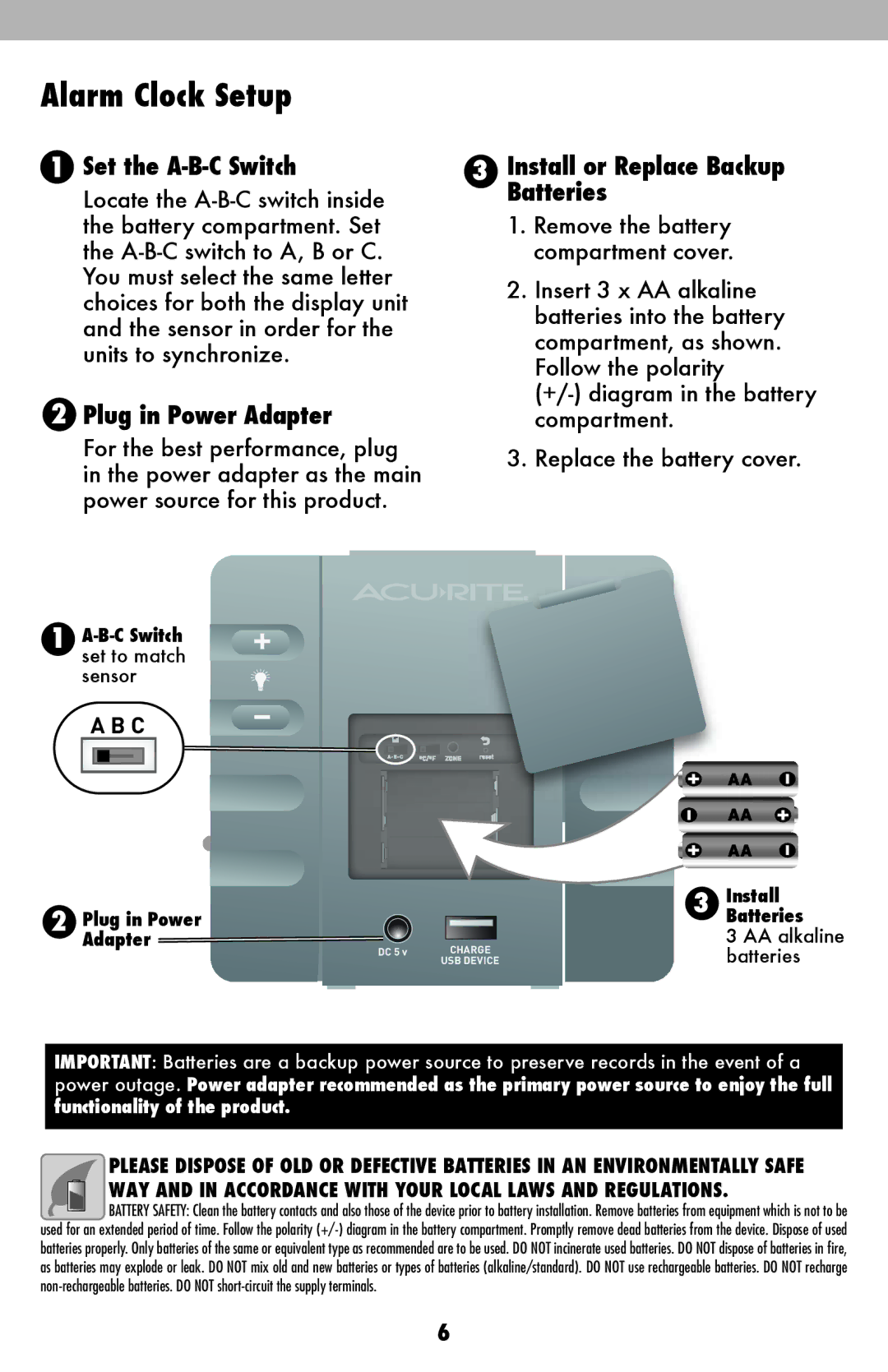 Acu-Rite 13026, 13020 instruction manual Alarm Clock Setup, Plug in Power Adapter 