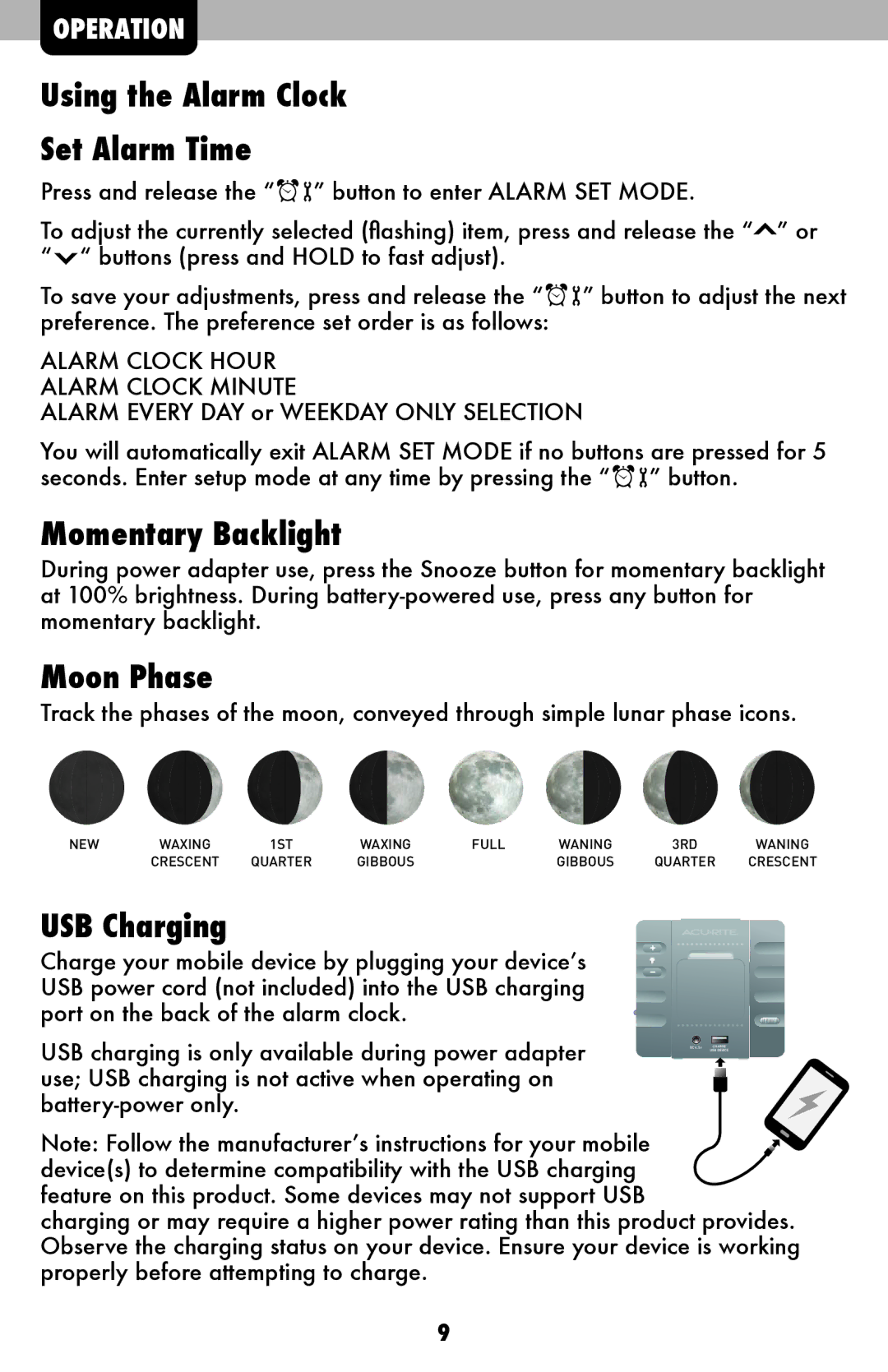 Acu-Rite 13020, 13026 instruction manual Using the Alarm Clock Set Alarm Time, Momentary Backlight, Moon Phase, USB Charging 