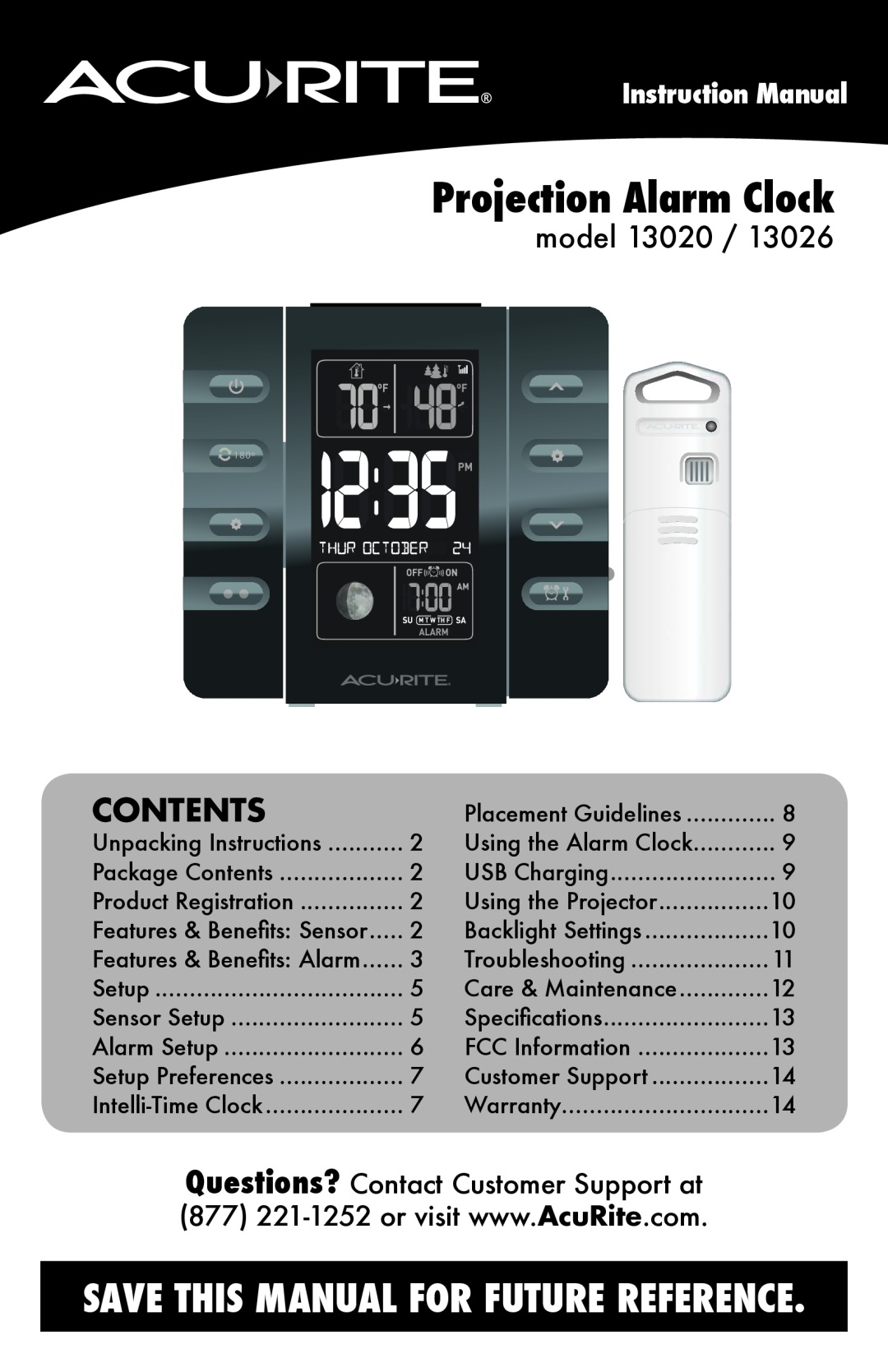 Acu-Rite 13026 instruction manual Contents, model 13020, Instruction Manual, Projection Alarm Clock 