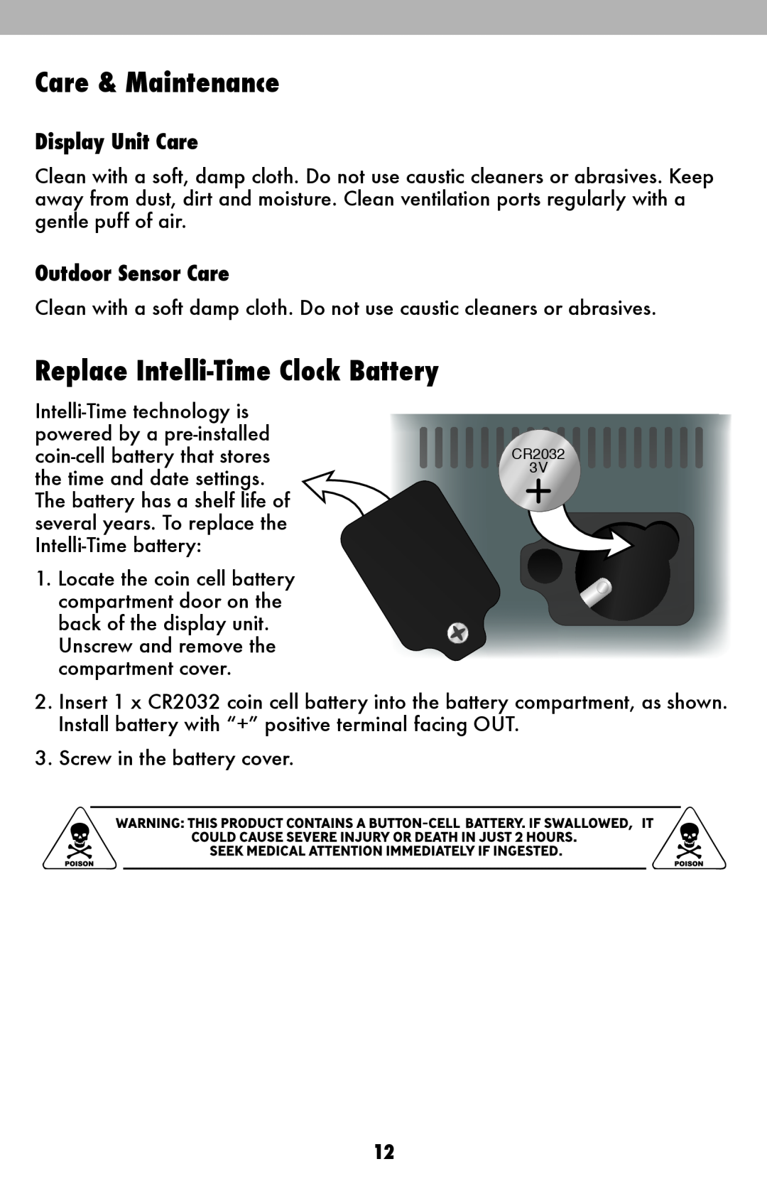 Acu-Rite 13026, 13020 Care & Maintenance, Replace Intelli-Time Clock Battery, Display Unit Care, Outdoor Sensor Care 