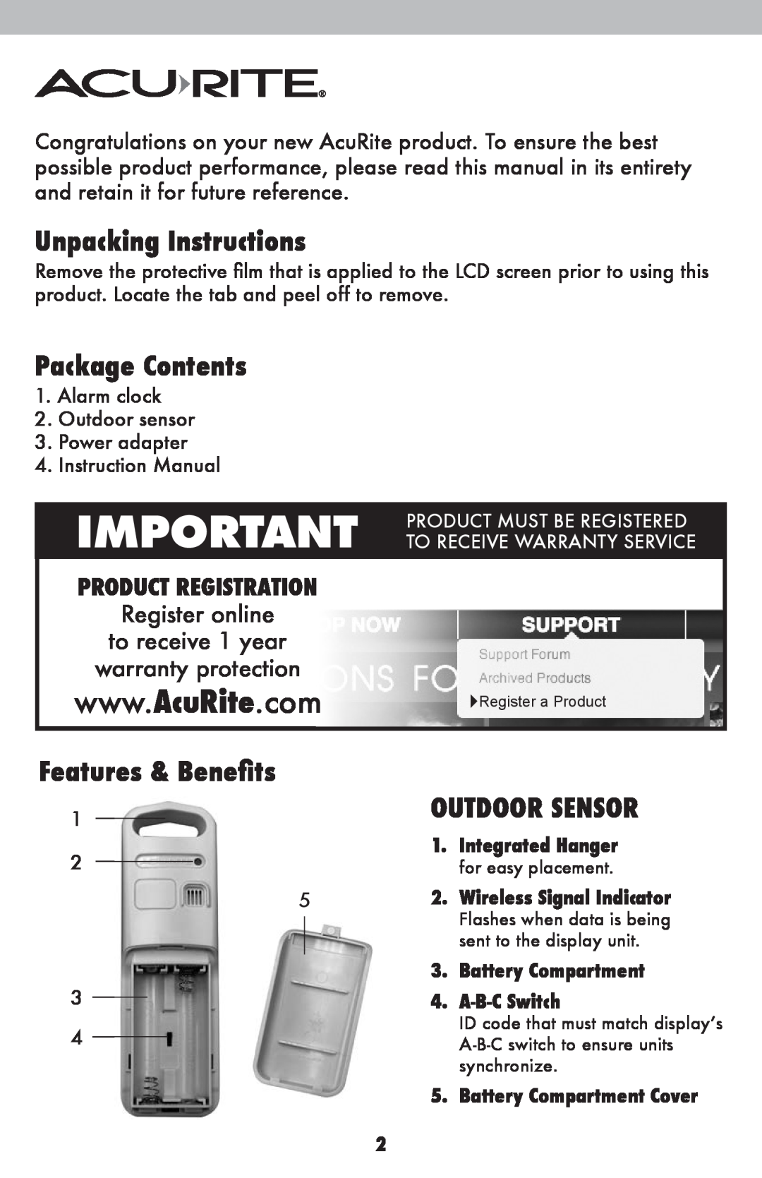 Acu-Rite 13026 Unpacking Instructions, Package Contents, Outdoor Sensor, Features & Benefits, Product Must Be Registered 