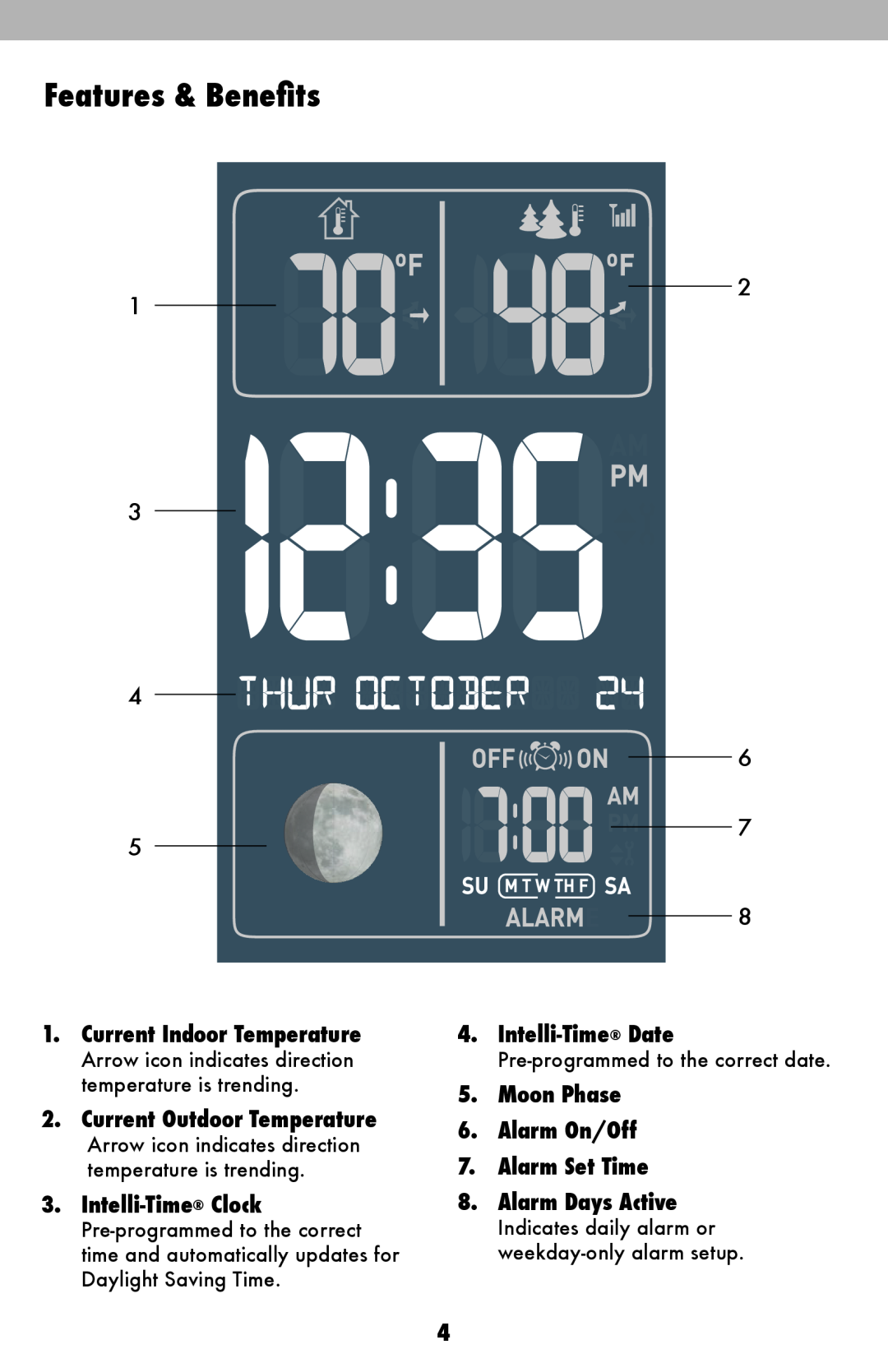 Acu-Rite 13026, 13020 Current Indoor Temperature, Current Outdoor Temperature, Intelli-Time Clock, Intelli-Time Date 