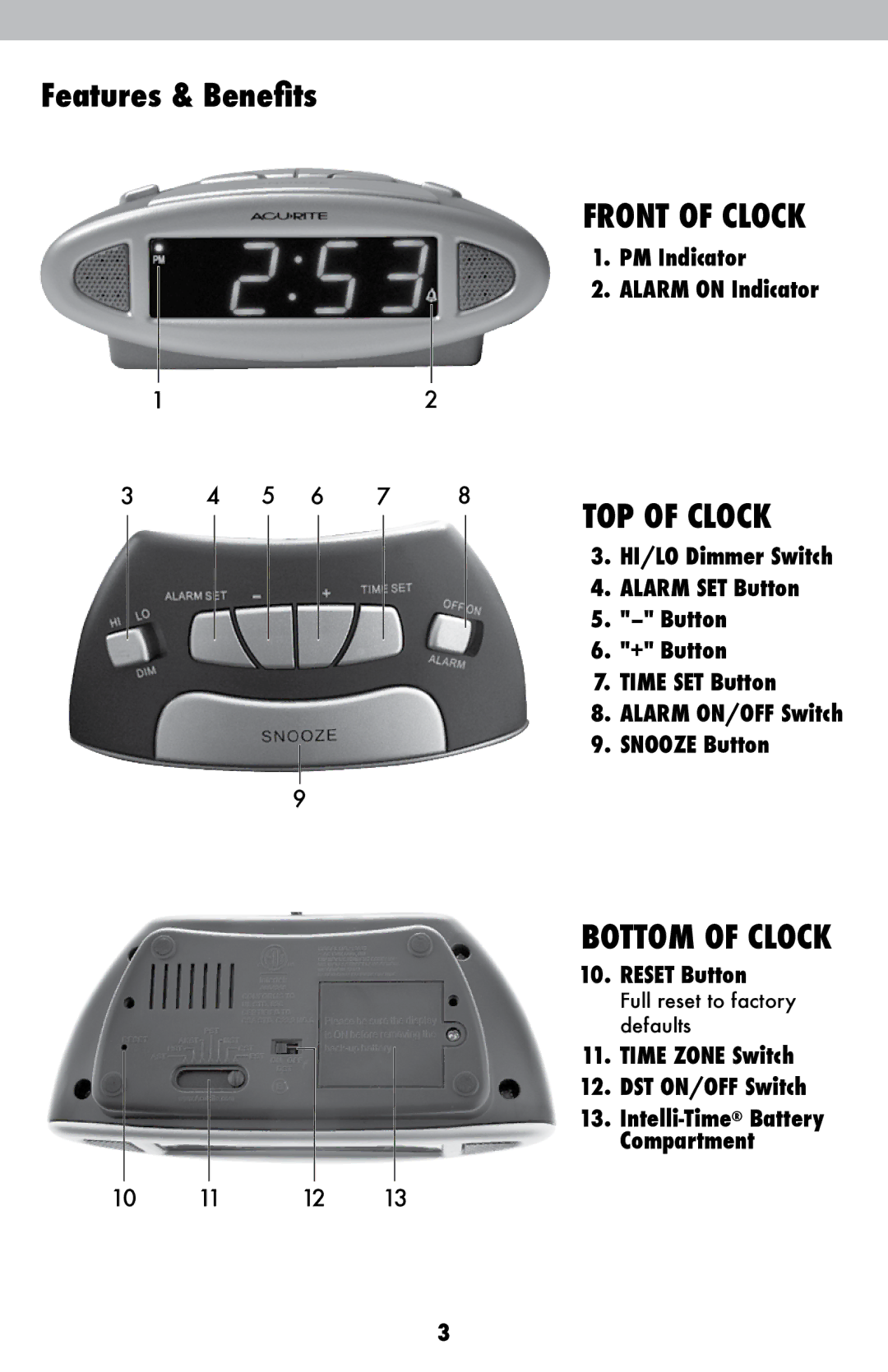 Acu-Rite 13027 instruction manual Features & Benefits, Front of Clock, TOP of Clock, Bottom of Clock 