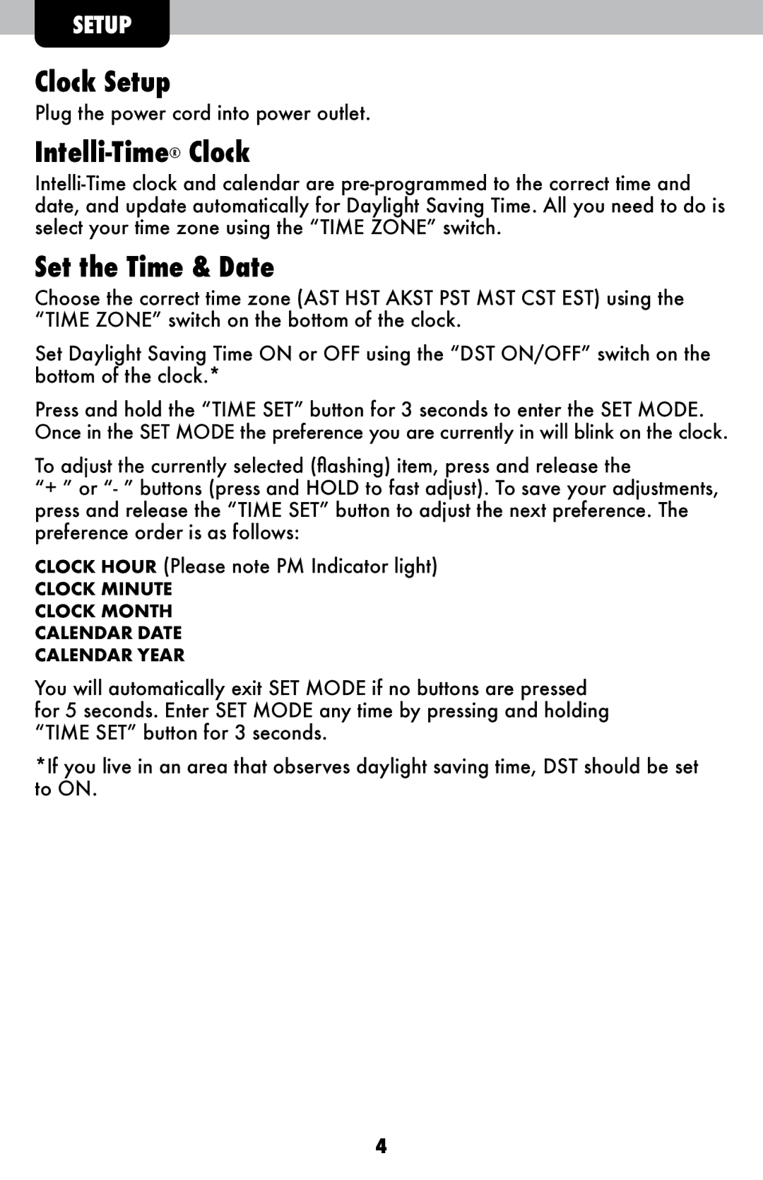 Acu-Rite 13027 Clock Setup, Intelli-TimeClock, Set the Time & Date, Clock Minute Clock Month Calendar Date Calendar Year 