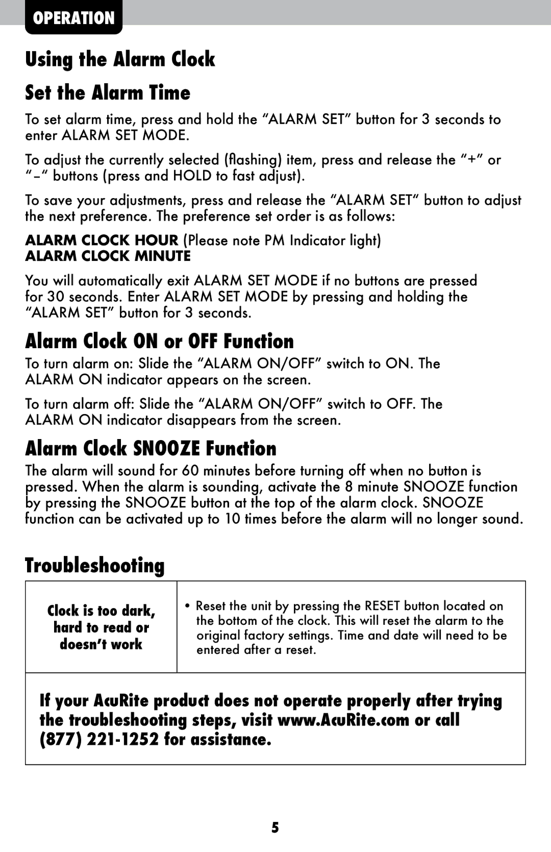 Acu-Rite 13027 Using the Alarm Clock Set the Alarm Time, Alarm Clock on or OFF Function, Alarm Clock Snooze Function 