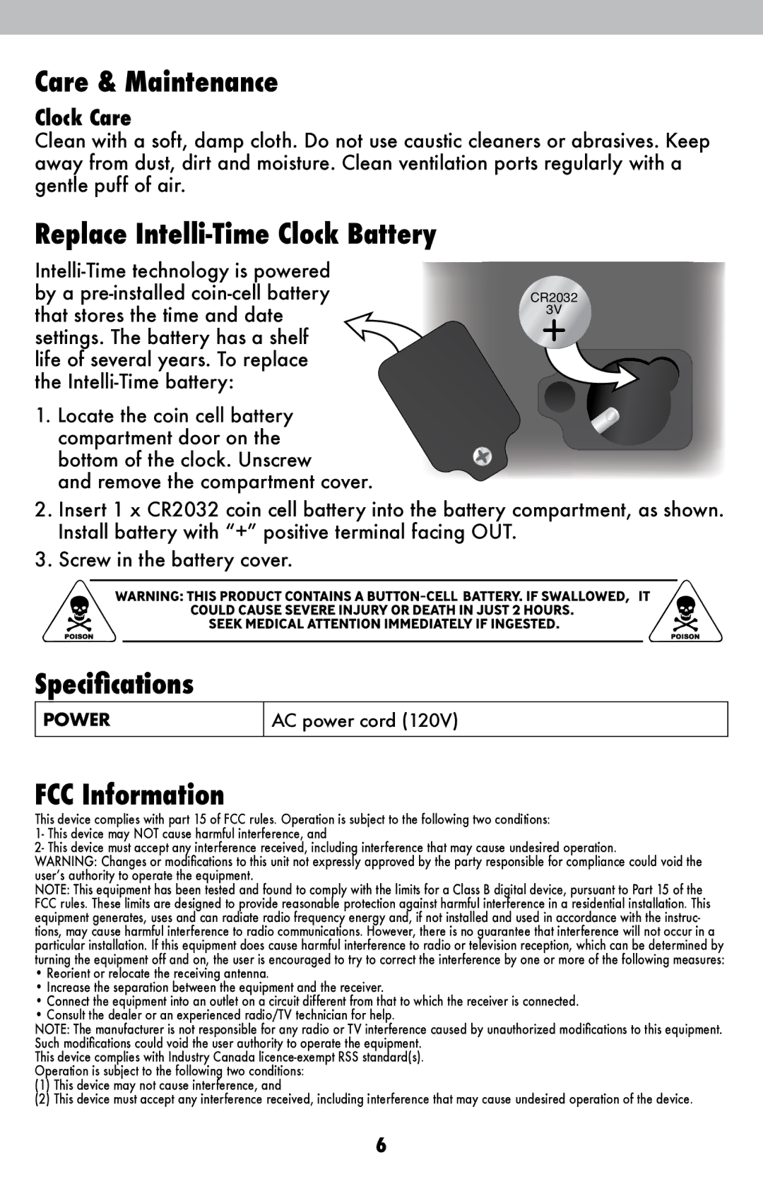 Acu-Rite 13027 instruction manual Care & Maintenance, Replace Intelli-Time Clock Battery, Specifications, FCC Information 