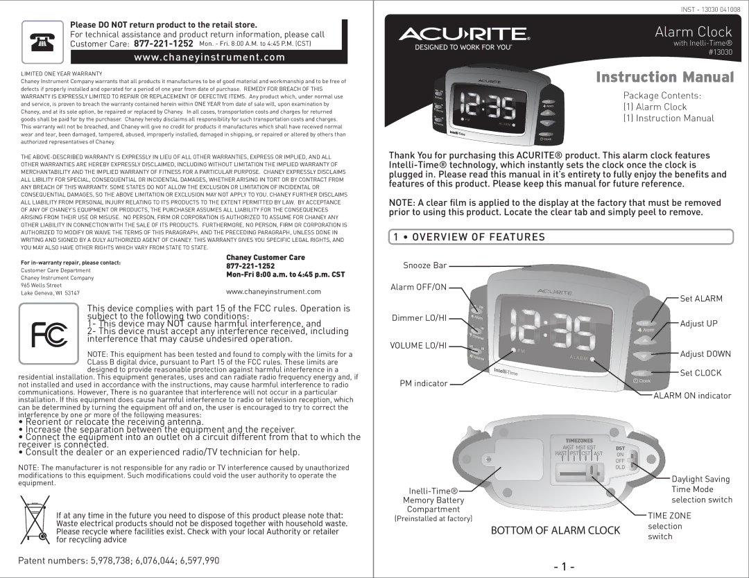 Acu-Rite #13030 instruction manual Alarm Clock 