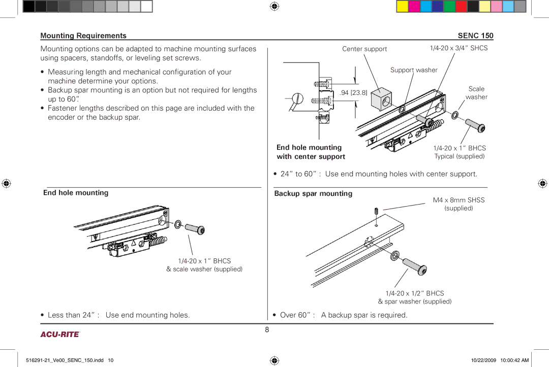 Acu-Rite 150 manual Mounting Requirements Senc, With center support, End hole mounting Backup spar mounting 