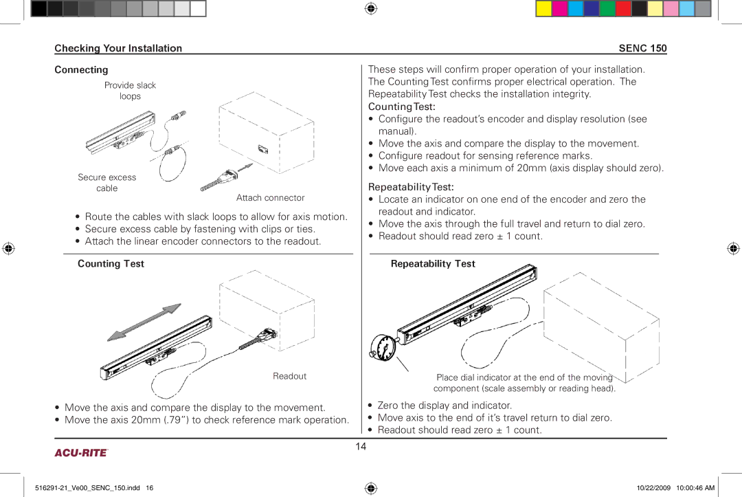 Acu-Rite 150 manual Checking Your Installation Senc Connecting, Counting Test, Repeatability Test 