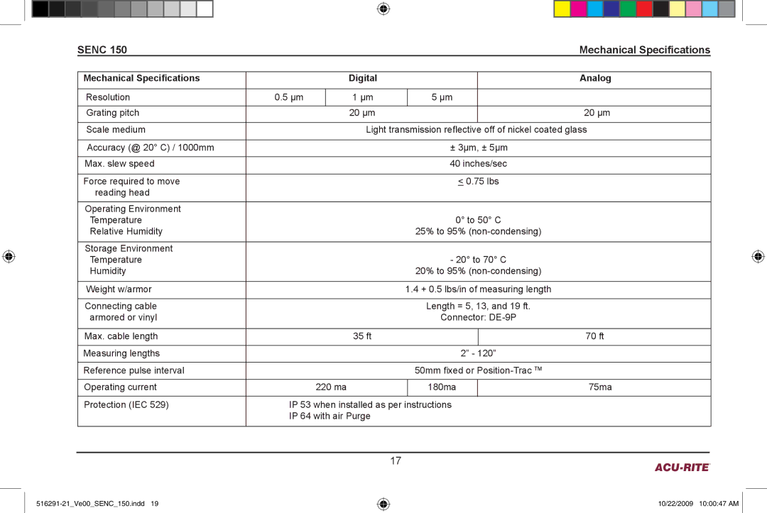 Acu-Rite 150 manual Senc Mechanical Specifications, Mechanical Specifications Digital Analog 