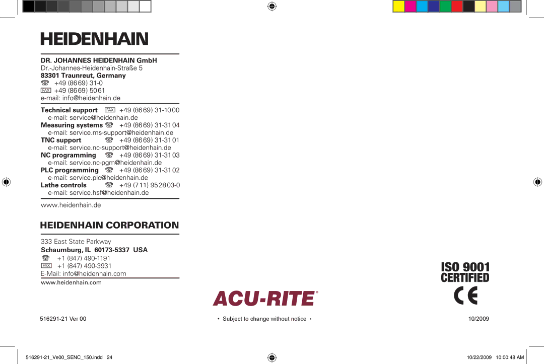 Acu-Rite 150 manual Heidenhain Corporation 