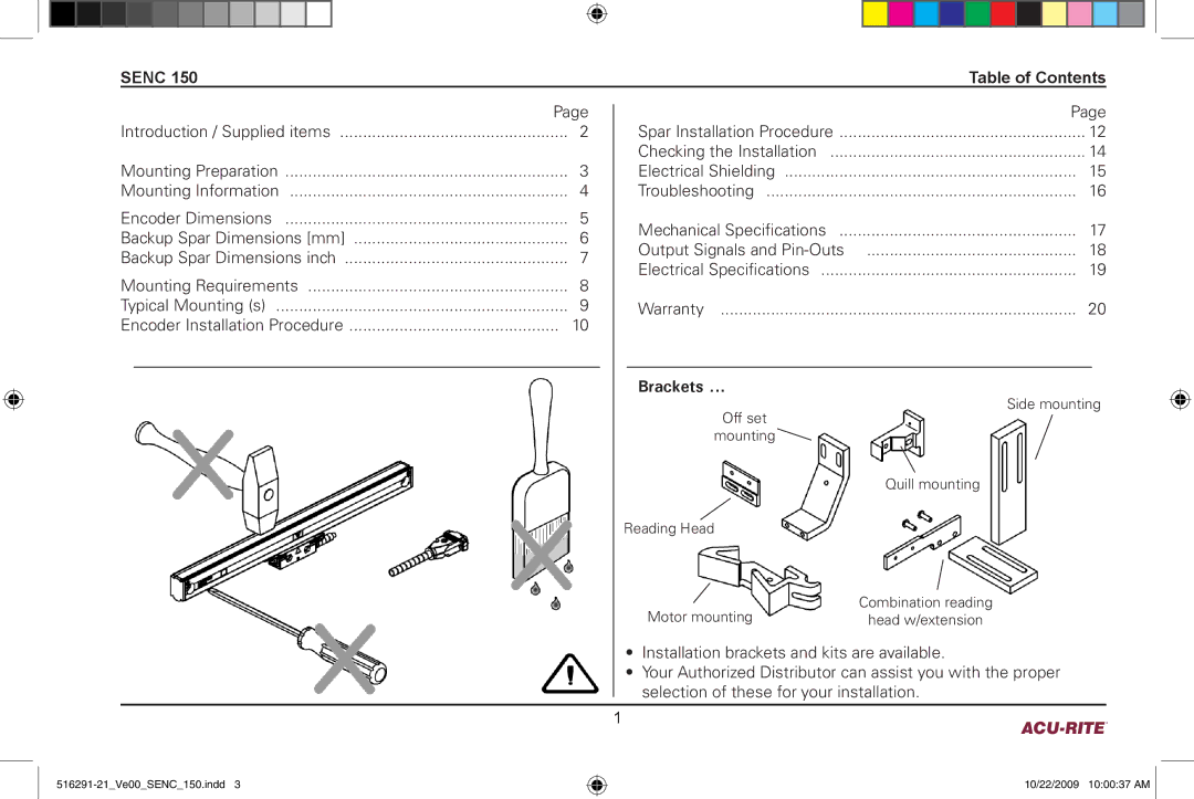 Acu-Rite 150 manual Senc Table of Contents, Brackets 