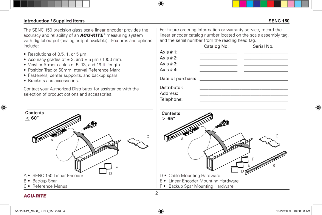 Acu-Rite 150 manual Introduction / Supplied Items Senc, Contents 