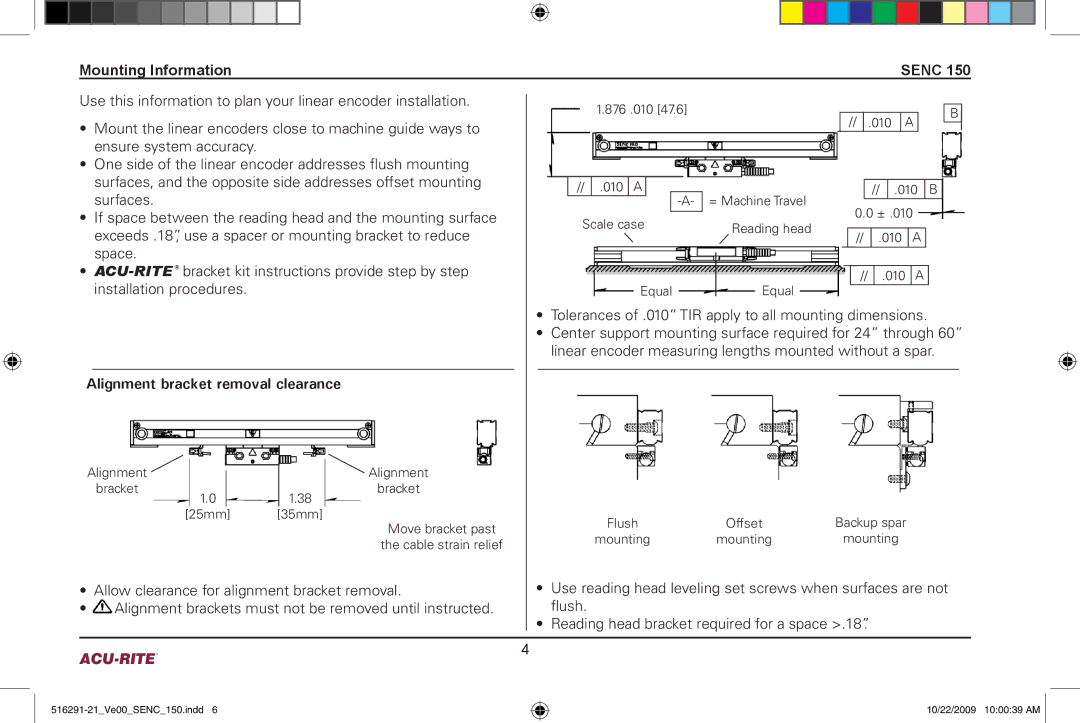 Acu-Rite 150 manual Mounting Information Senc, Alignment bracket removal clearance 