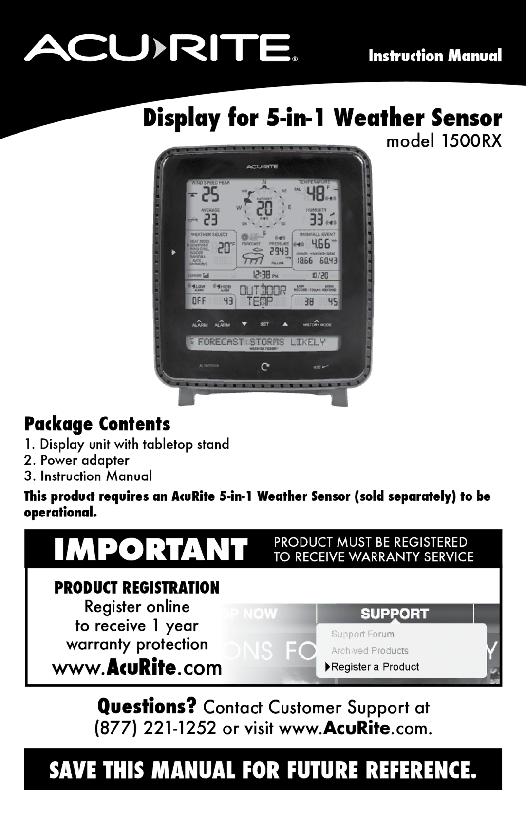 Acu-Rite 1500RX instruction manual Display for 5-in-1 Weather Sensor, Package Contents 