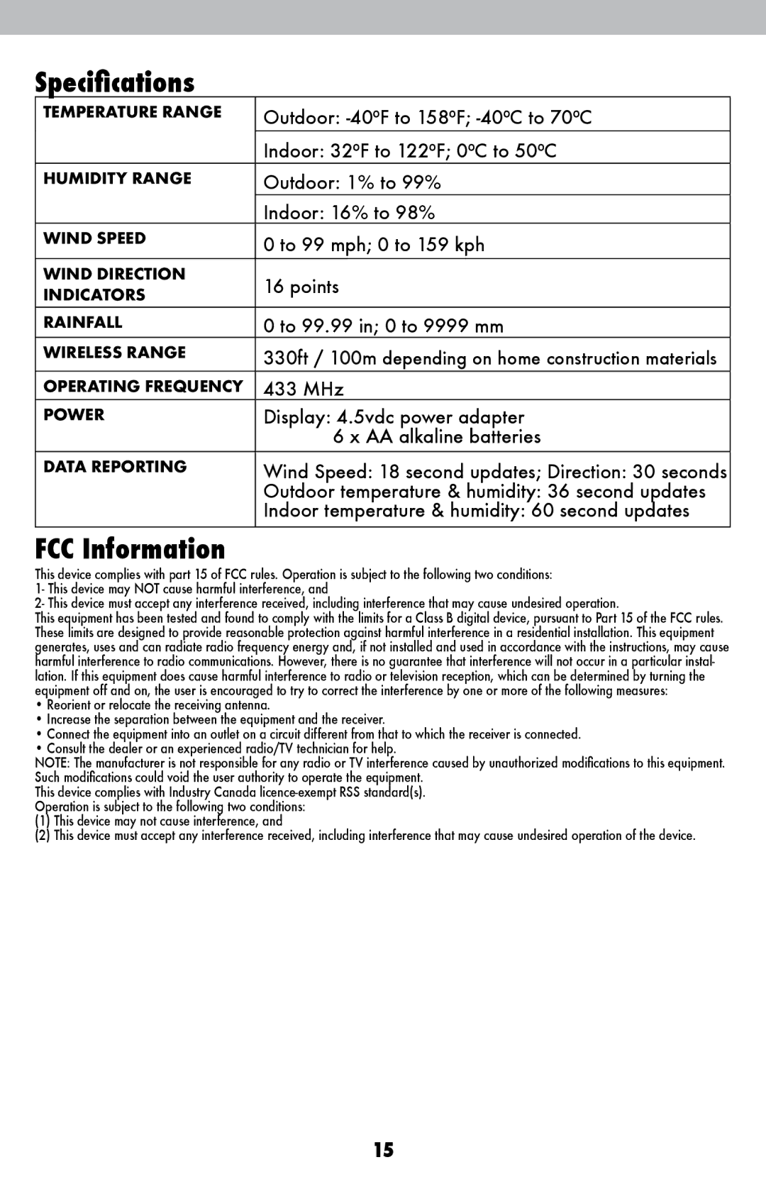 Acu-Rite 1500RX instruction manual Specifications, FCC Information 