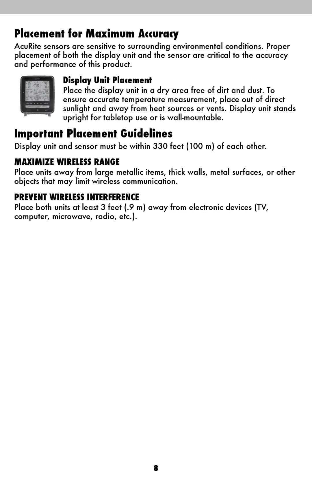 Acu-Rite 1500RX instruction manual Placement for Maximum Accuracy, Important Placement Guidelines, Display Unit Placement 