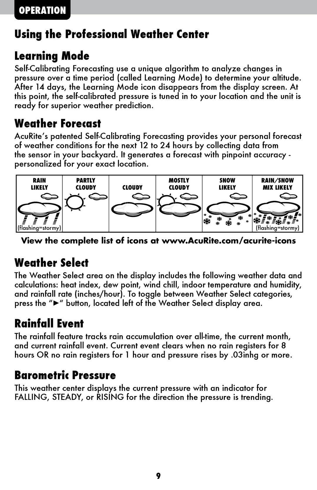 Acu-Rite 1500RX Using the Professional Weather Center Learning Mode, Weather Forecast, Weather Select, Rainfall Event 