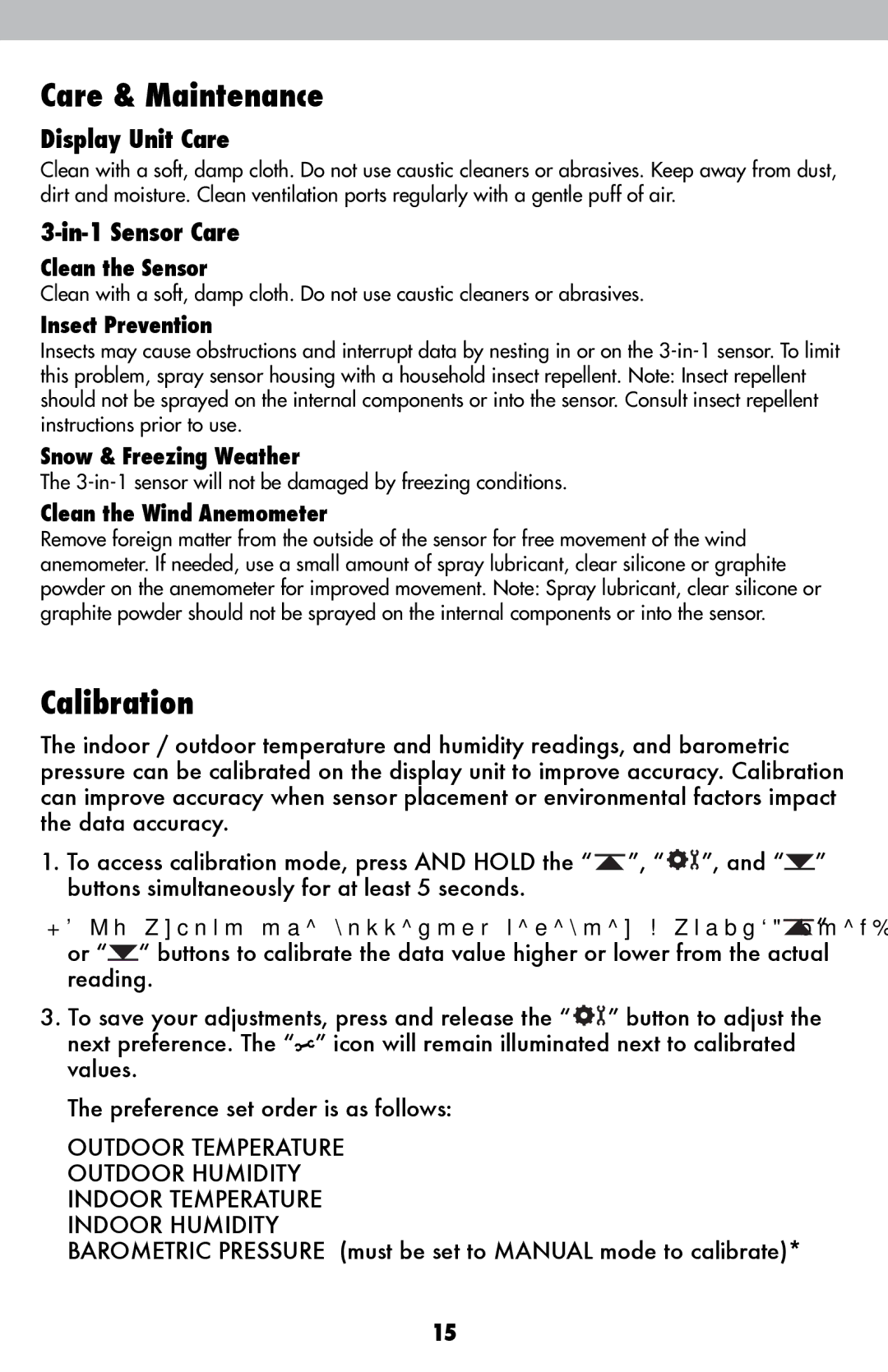 Acu-Rite 1604 instruction manual Care & Maintenance, Calibration, Display Unit Care, In-1 Sensor Care 