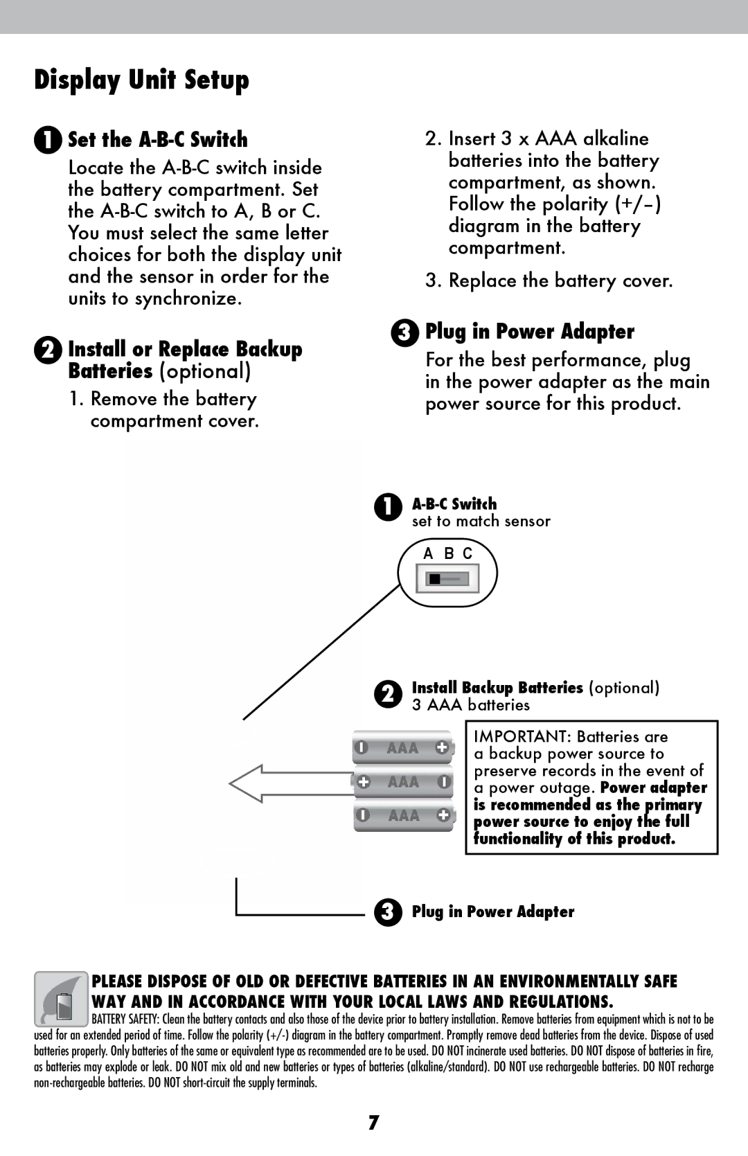 Acu-Rite 1604 instruction manual Display Unit Setup, Plug in Power Adapter, Install or Replace Backup Batteries optional 