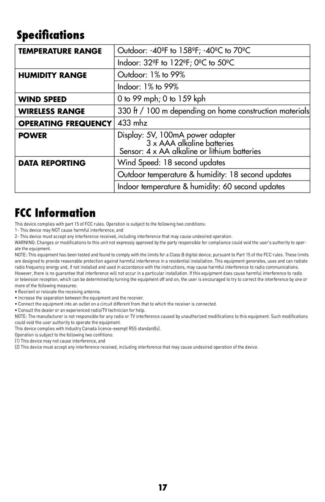 Acu-Rite 1605 instruction manual Specifications, FCC Information 