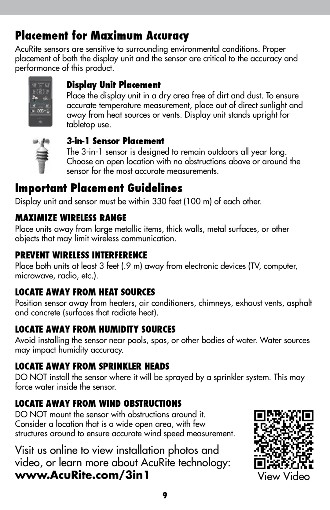 Acu-Rite 1605 instruction manual Placement for Maximum Accuracy, Important Placement Guidelines, Display Unit Placement 