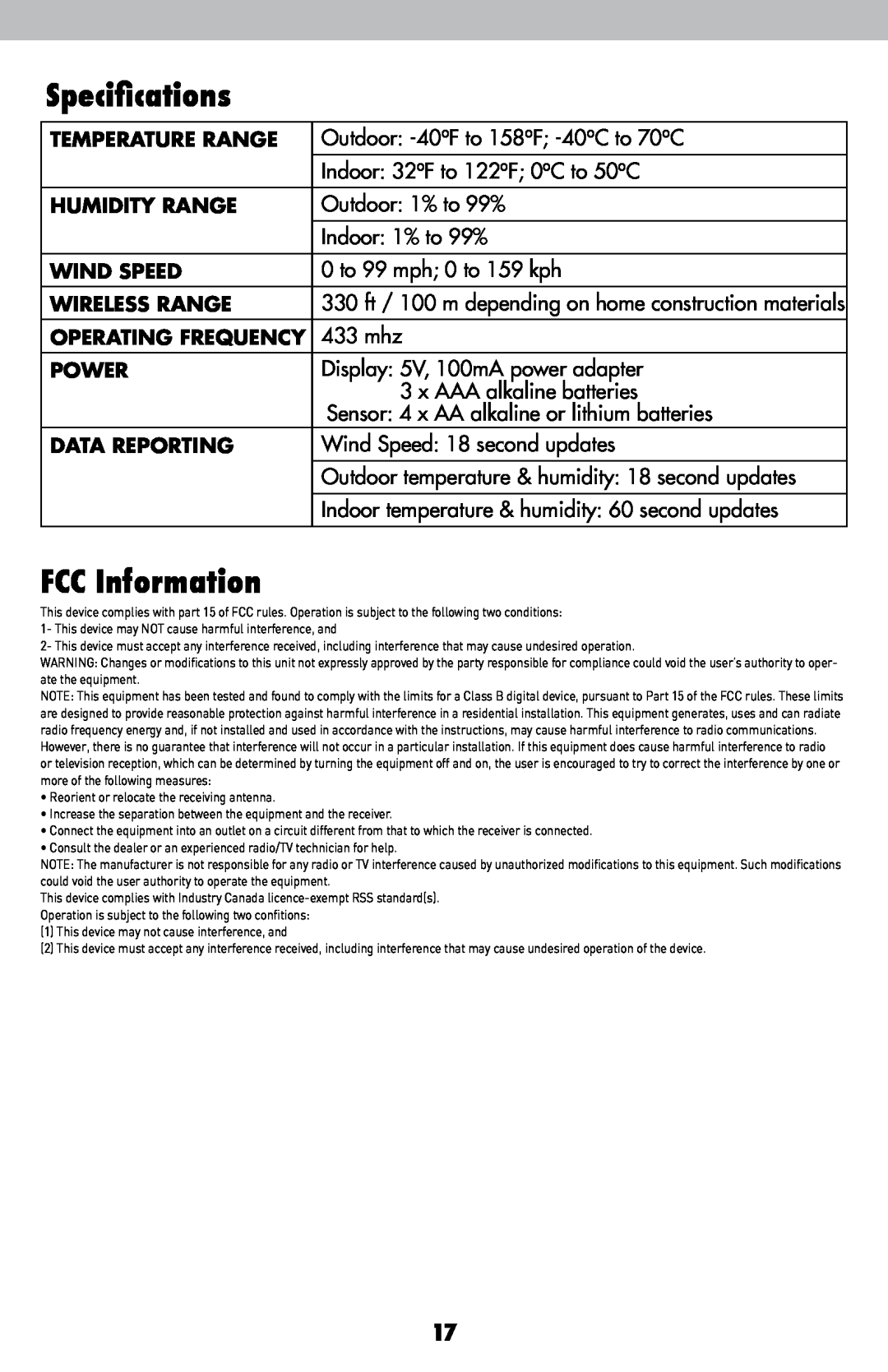 Acu-Rite 1605 instruction manual Specifications, FCC Information 