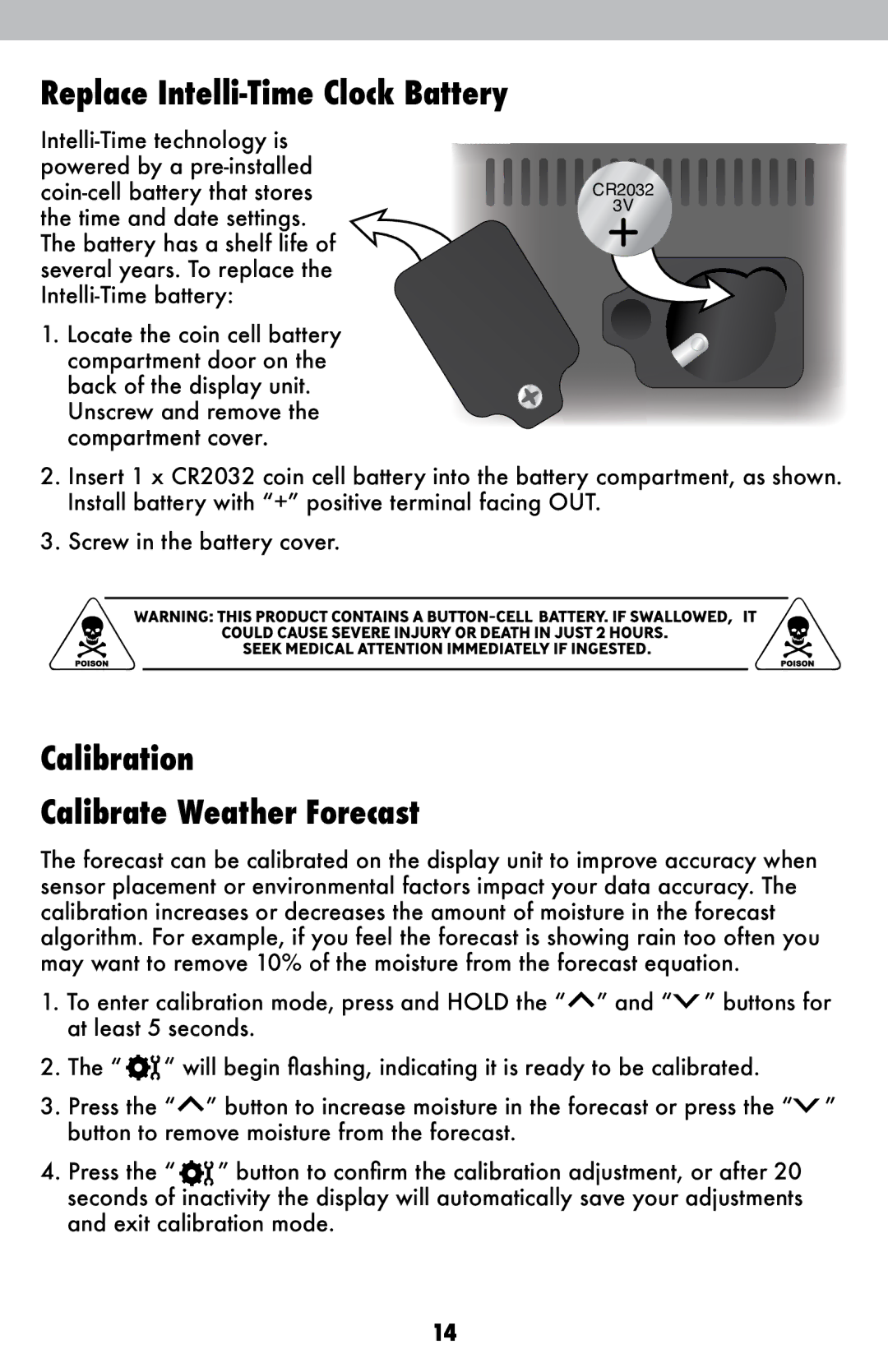 Acu-Rite 2007 instruction manual Replace Intelli-Time Clock Battery, Calibration Calibrate Weather Forecast 