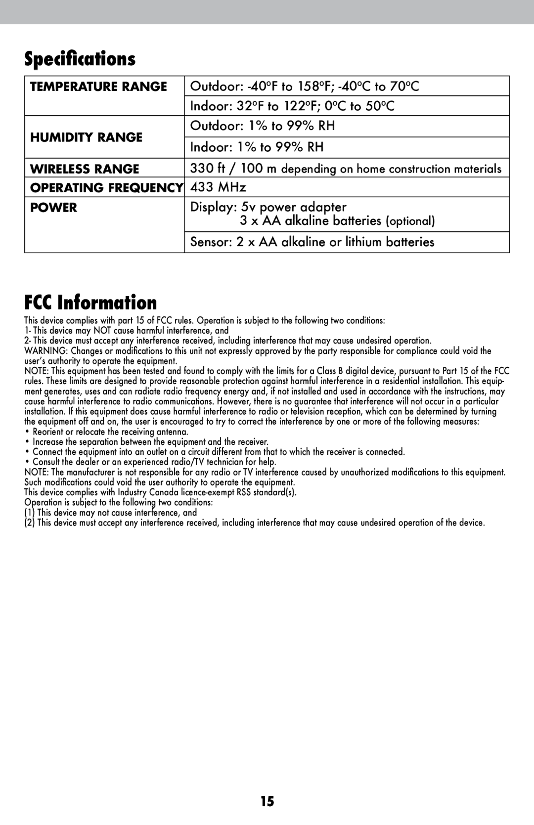 Acu-Rite 2007 instruction manual Specifications, FCC Information 