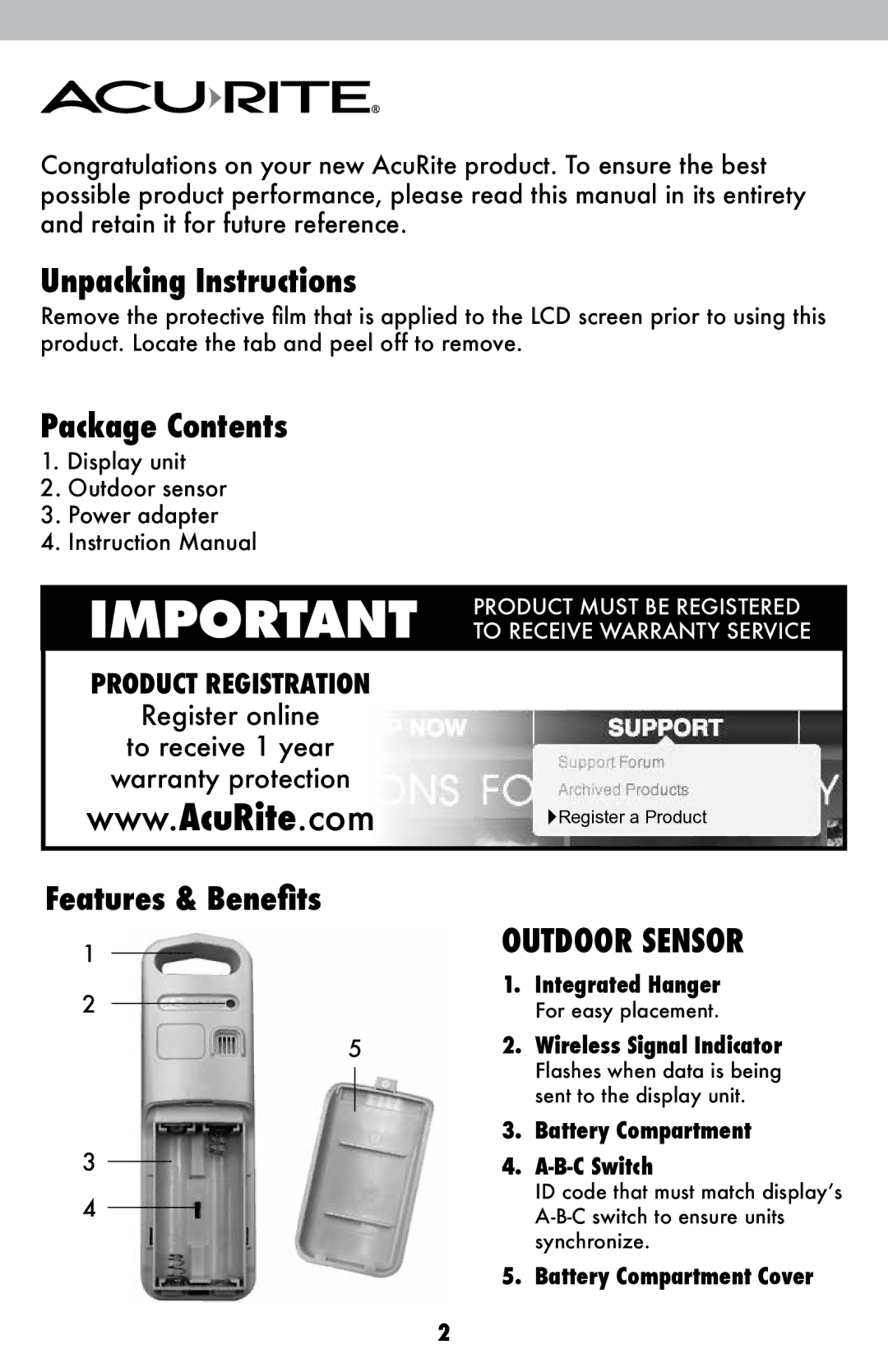 Acu-Rite 2007 instruction manual Unpacking Instructions, Package Contents, Outdoor Sensor 