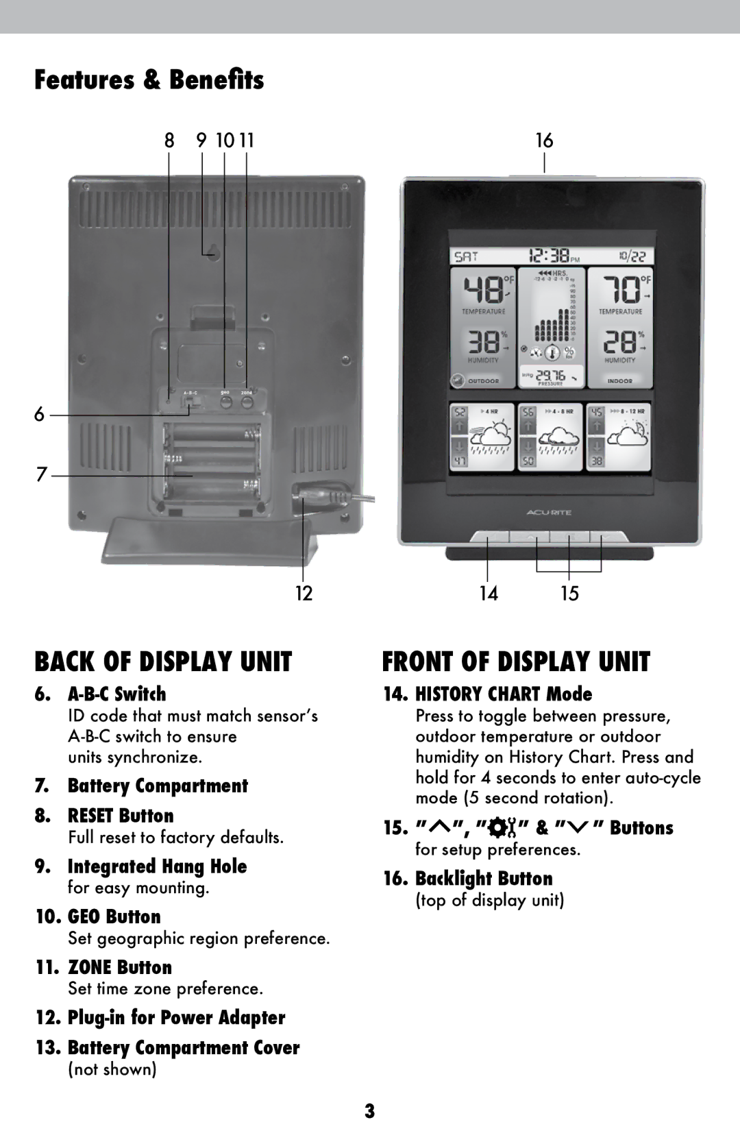 Acu-Rite 2007 instruction manual Features & Benefits, Back of Display Unit, Front of Display Unit 