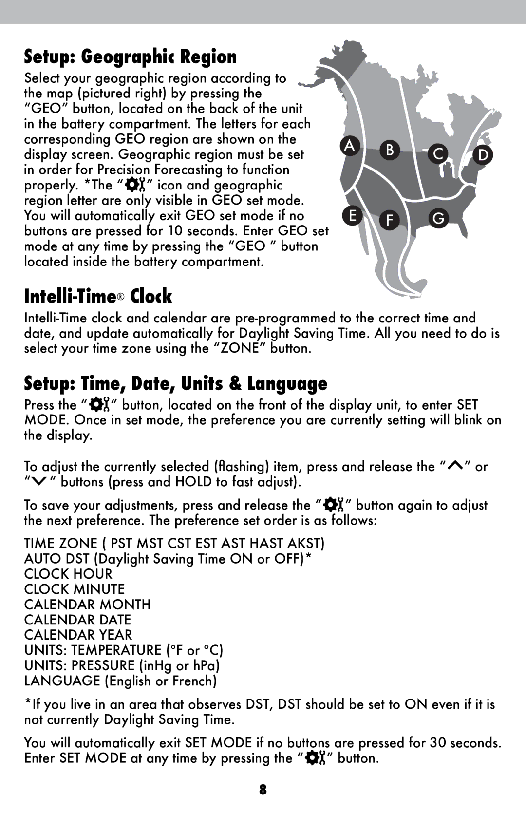 Acu-Rite 2007 instruction manual Setup Geographic Region, Intelli-TimeClock, Setup Time, Date, Units & Language 