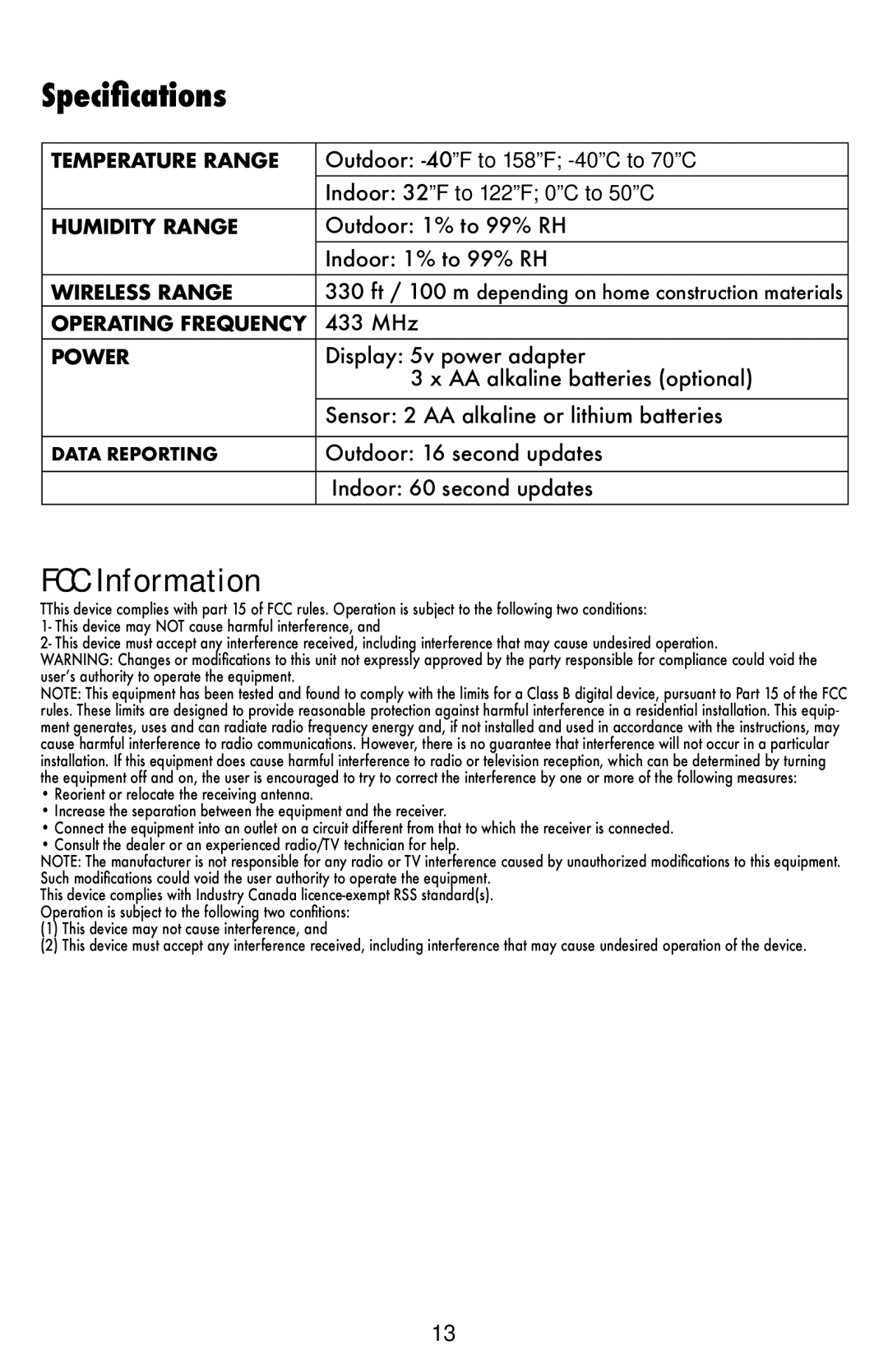 Acu-Rite 2008 instruction manual Specifications, FCC Information 