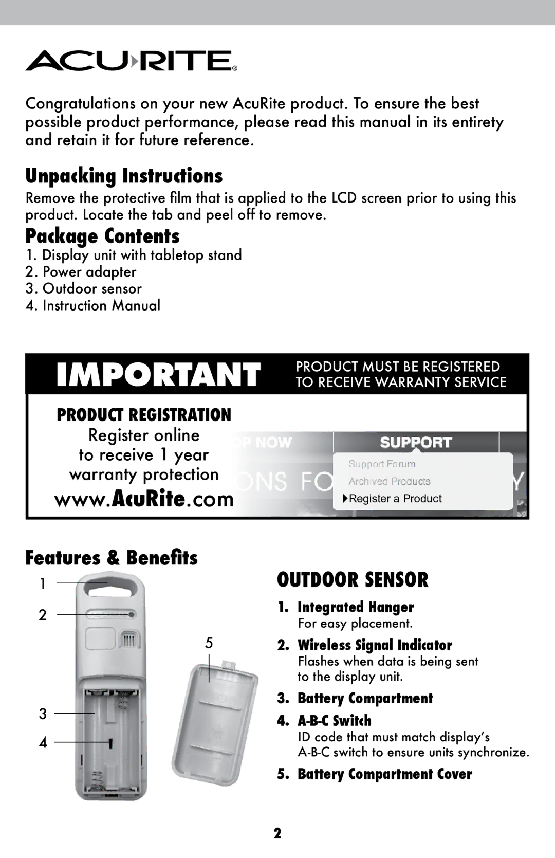 Acu-Rite 2008 instruction manual Unpacking Instructions, Package Contents 