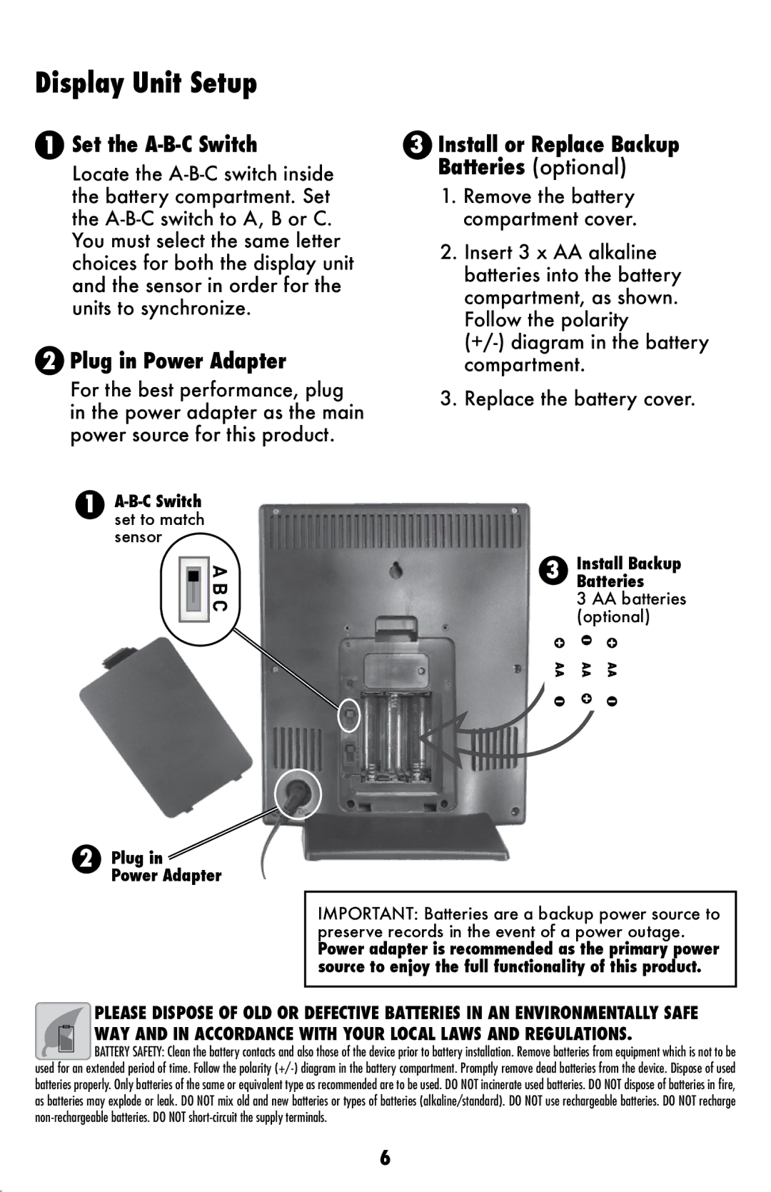 Acu-Rite 2008 instruction manual Display Unit Setup, Plug in Power Adapter 